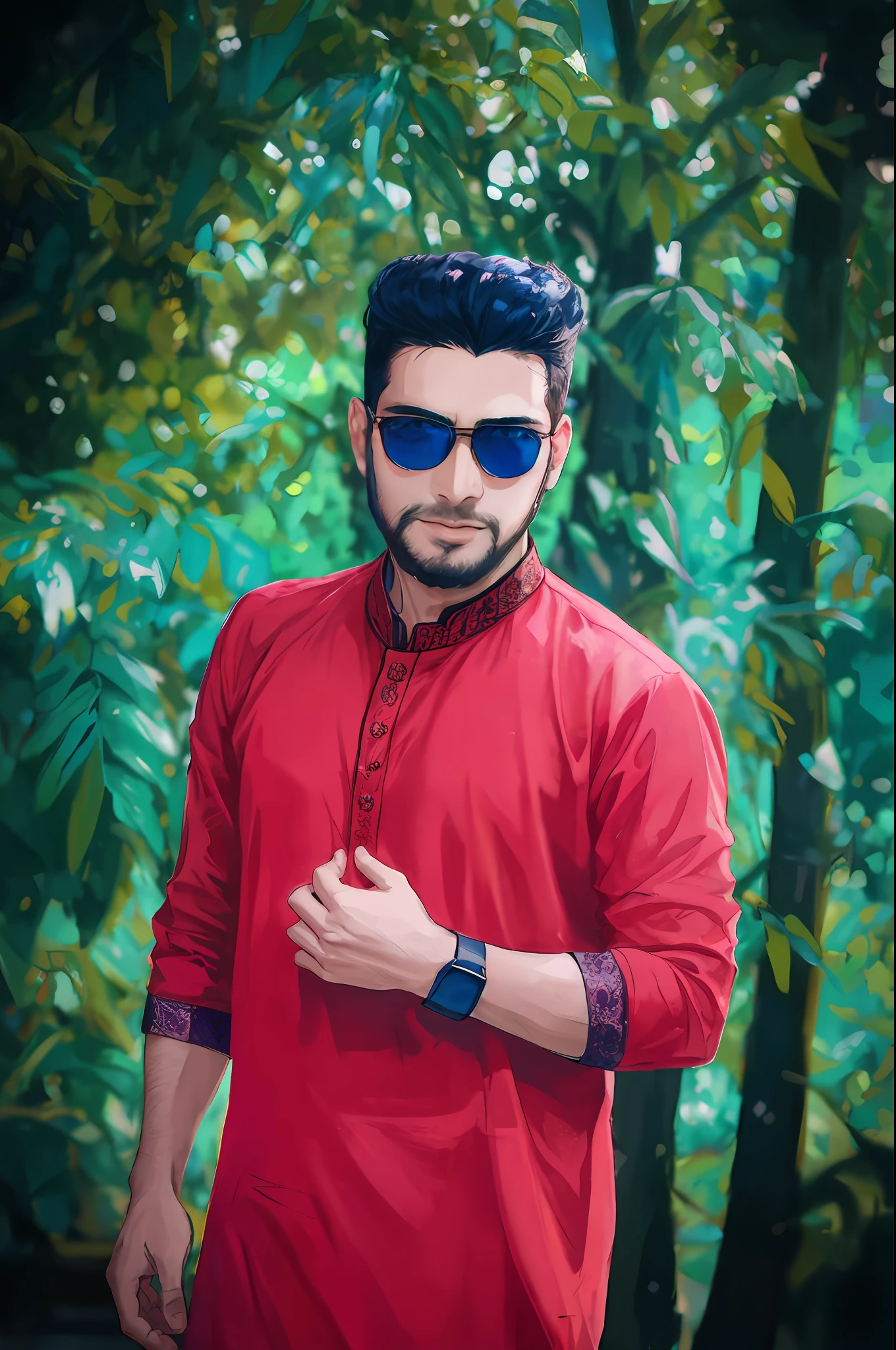 araffe man in red shirt and sunglasses standing in front of trees, assamese aesthetic, wearing a kurta, mohamed chahin style, riyahd cassiem, wearing red attire, * colour splash *, ayan nag, handsome man, mohamed chahin, assamese, facebook post, inspired by Bikash Bhattacharjee, wearing a silk kurta