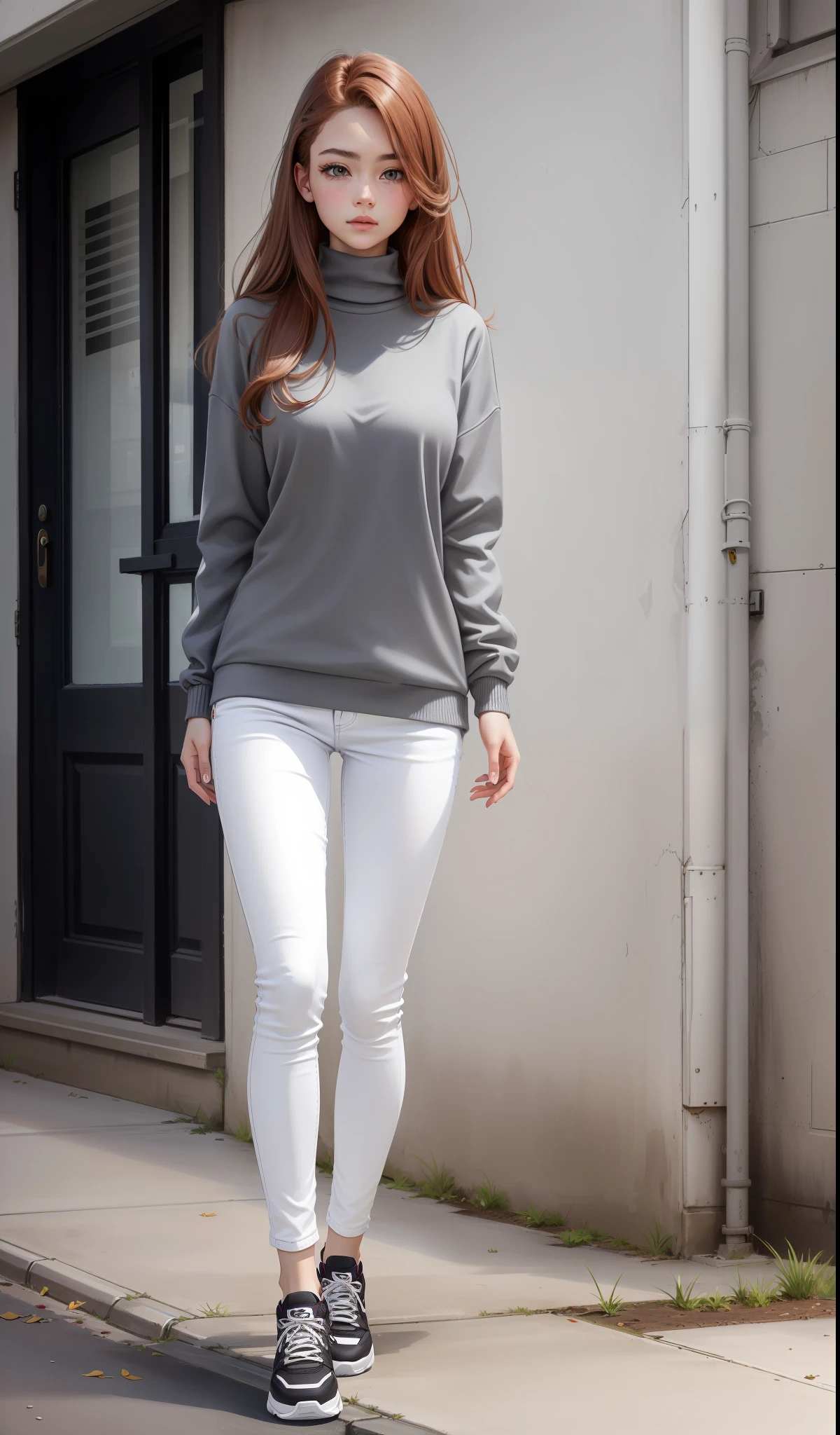 a skinny woman wearing a grey turtleneck sweater sweater, white jeans, white and red Nike shoes, cute face, black heels, , adult face, long hair, ((dark auburn hair)), gleaming detailed grey eyes, small to medium breast size, slim figure, long legs