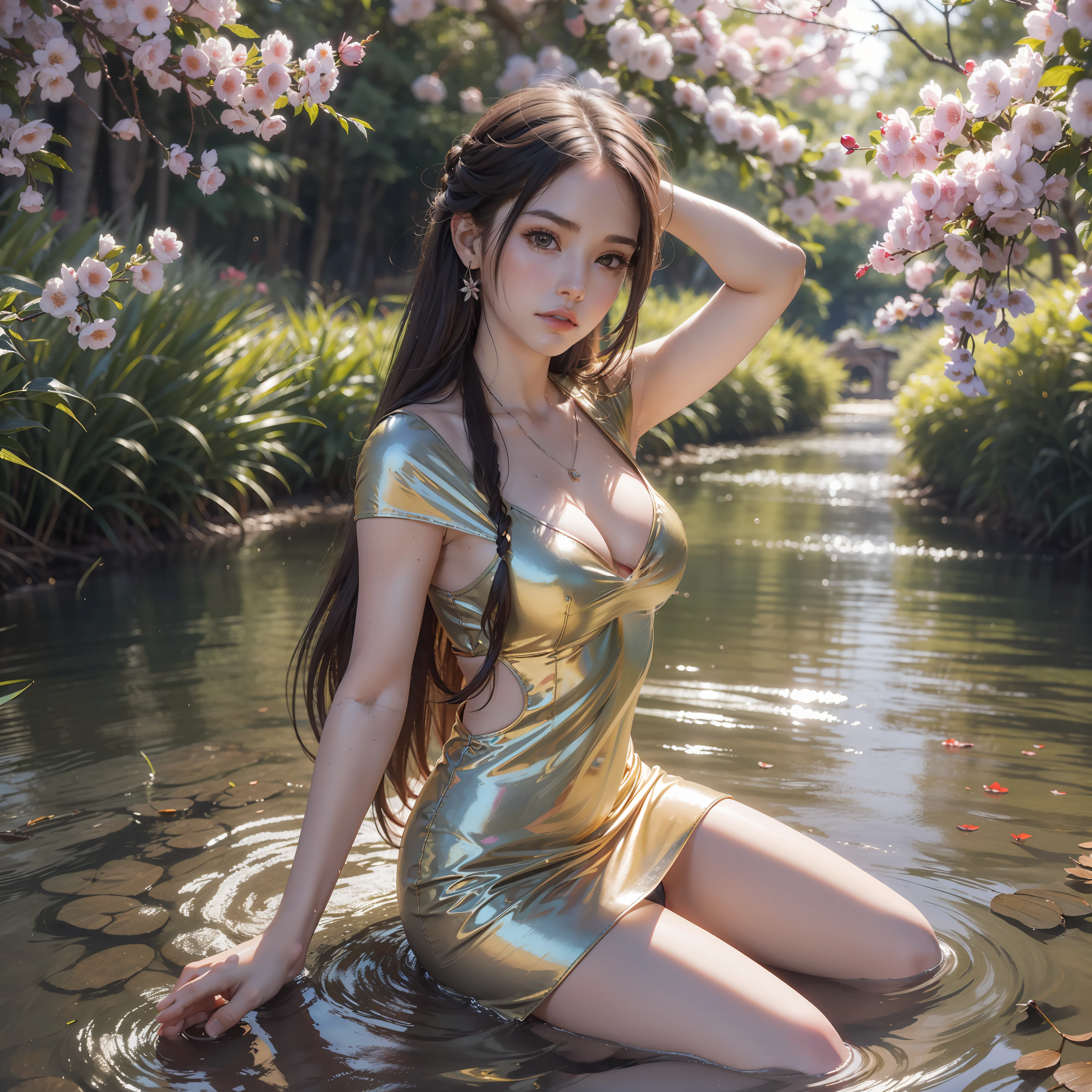 a 20-year-old girl surrounded by cherry trees, flor de cerezo, caliente con sol brillante,
cuerpo completo,
luz del sol,
cinematiclight,
desde abajo,
(((long hair))),
hair (smooth flat),
horsetail hair,
Gargantilla,
pechos gigantescos:1.2,
disparo de cuerpo completo,
(8k, foto RAW: 1.2), (HDR: 1.2), (enfoque superficial: 1.4), (foco nítido: 1.4),
sin sujetador,
vestido, plateado,
(dedo del pie de camello, Cameltoe, en forma de,
(mascara),
pies sumergidos en el rio,
(botas largas, tacones altos),
(obra maestra, mejor calidad), sthe highest qualit, cinematiclight, 4k