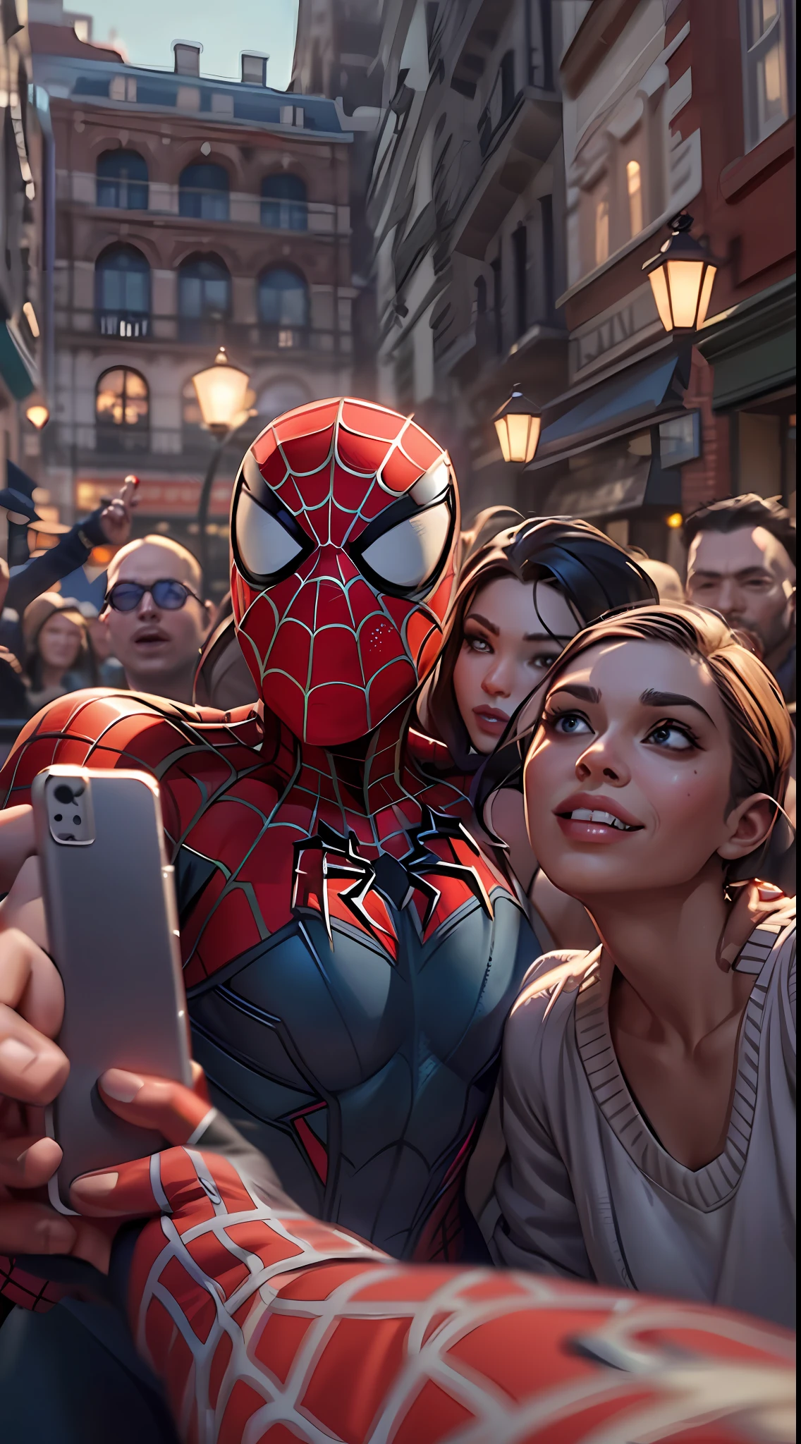 spiderman selfie with fans. octane render, unreal engine, highly detailed, intricate