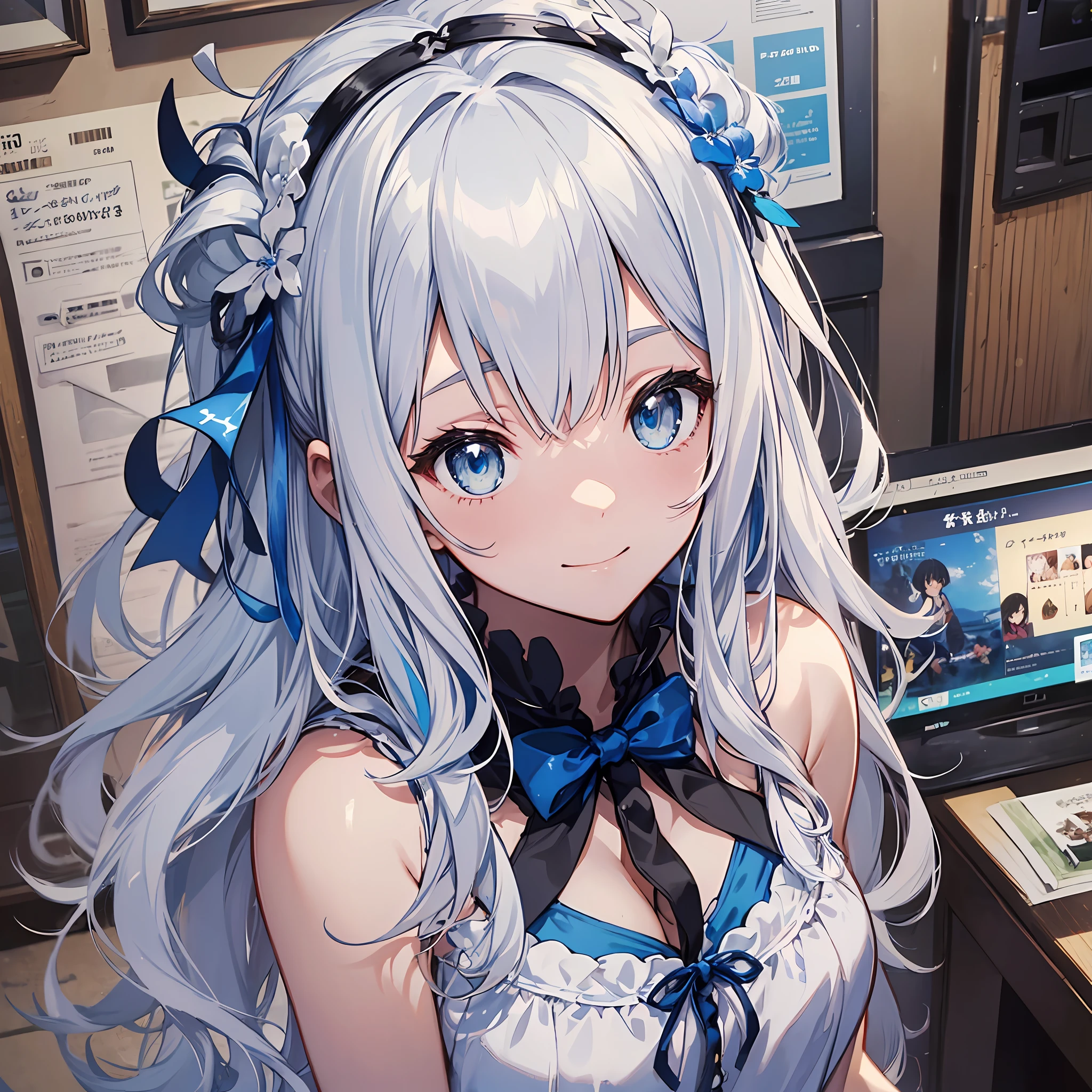 (of the highest quality、8K、masutepiece)) ((( Blue and white atelier sleeveless))) (((White hair )))++　Blue hair ornament　Anime characters with long gray hair and blue eyes、anime visual of a young woman、Today's featured anime stills、white haired god、Official art、Anime visuals of cute girls、popular isekai anime、Tsuaii、Marisa Drizzle、Animated Movies、Still from the TV smile　full bodyesbian　　during the day　夏天