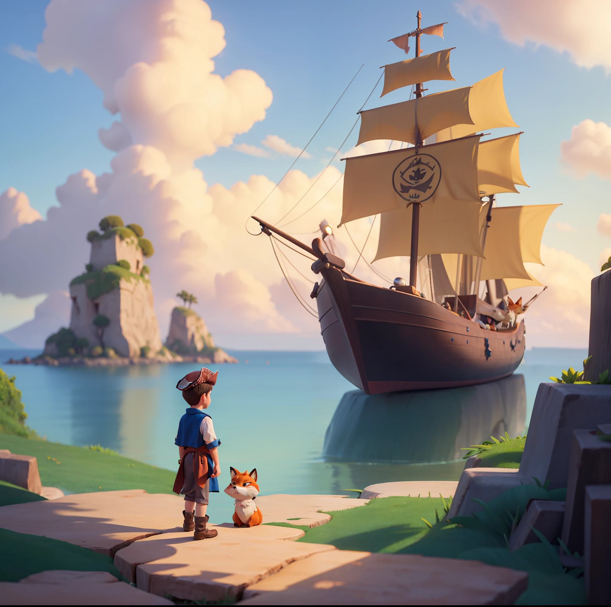There's a Boy dressed as a pirate and a fox on the side