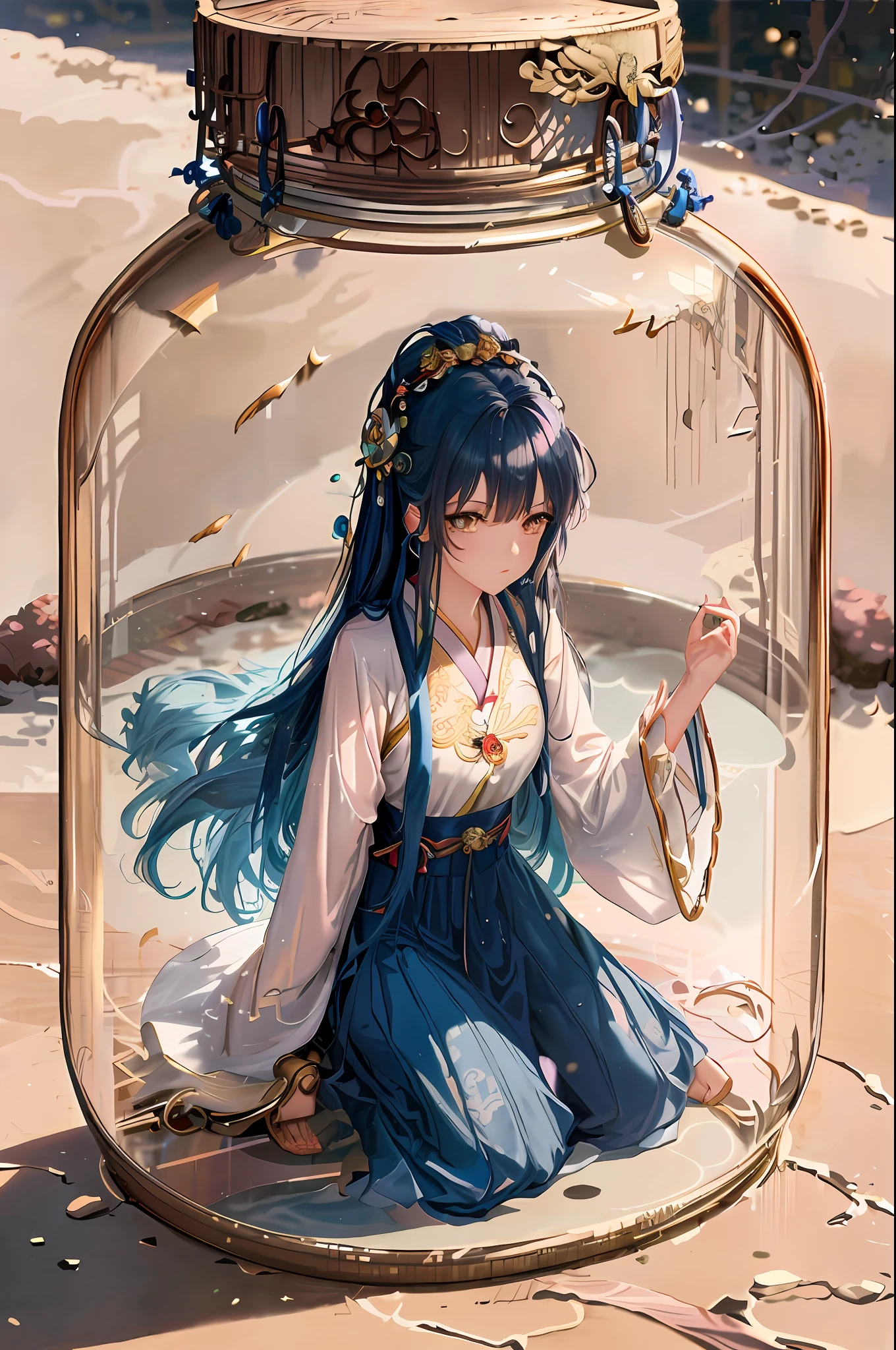 Anime girl in jar with clock and keys, Palace ， A girl in Hanfu, Guviz-style artwork, Anime fantasy illustration, by Yang J, Fantasy art style, Beautiful celestial mage, full-body xianxia, a beautiful fantasy empress, flowing magical robe, Digital art on Pixiv, Guviz, anime illustration，rich background
