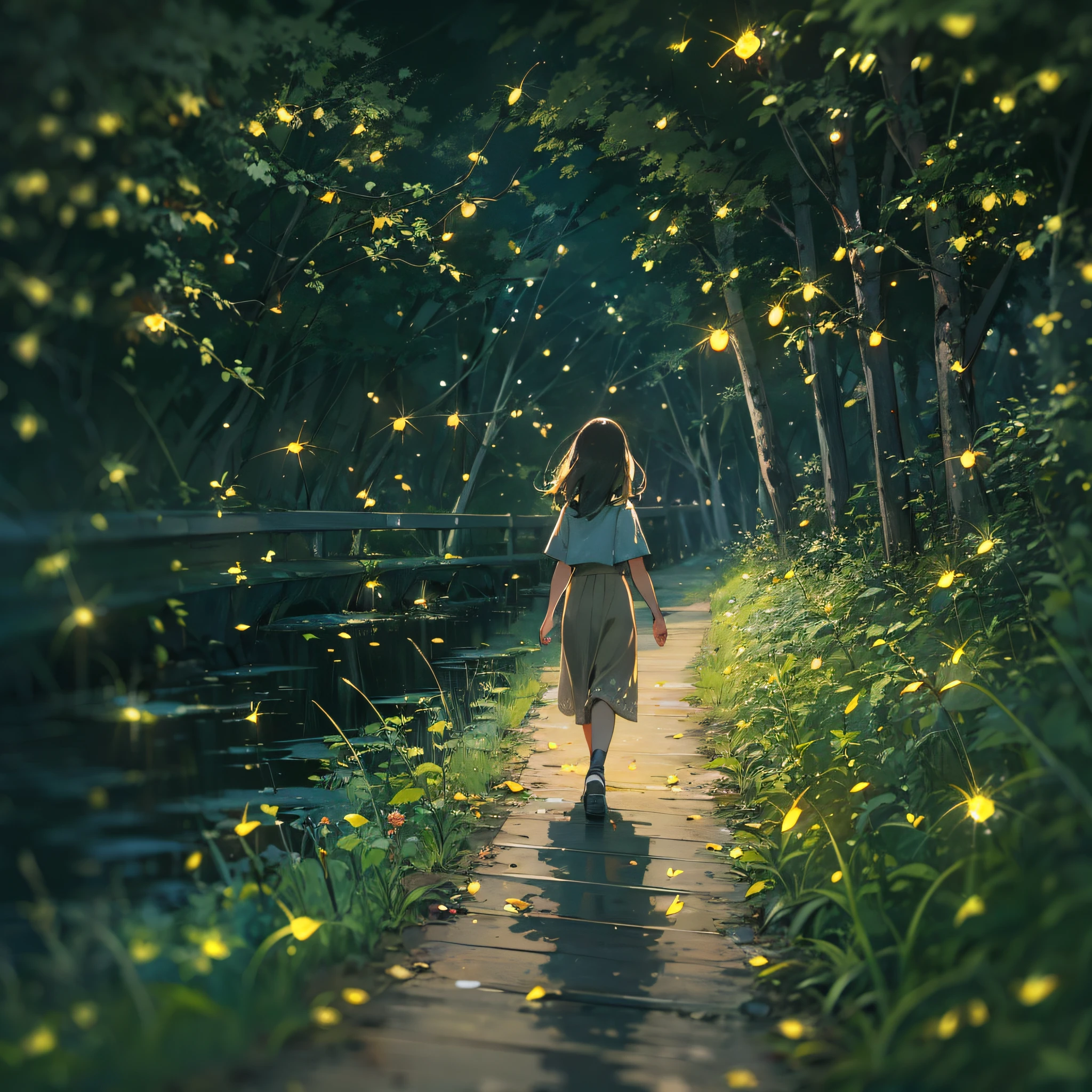 Girl strolling along the riverside path with fireflies