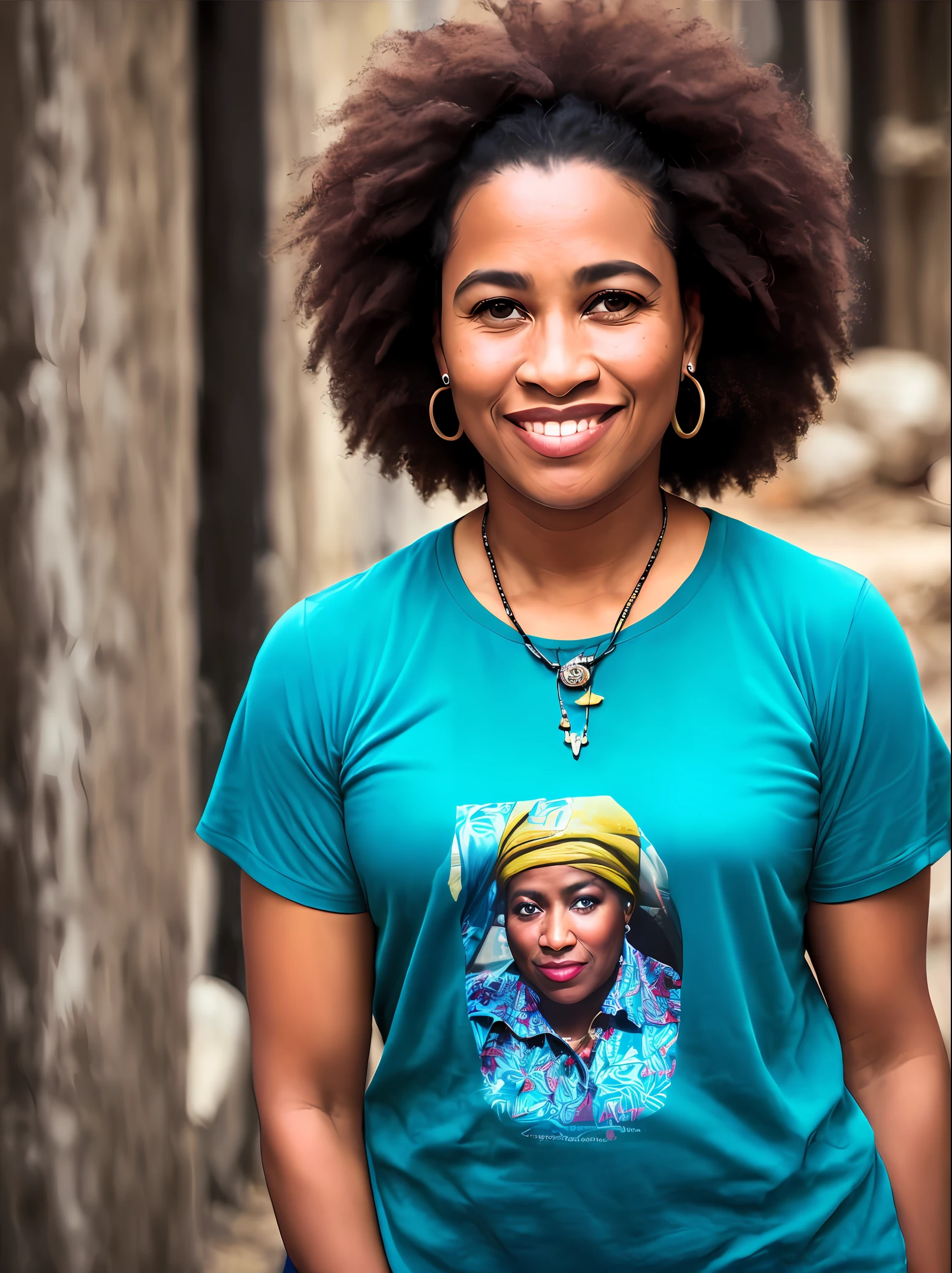 (((hiper-realismo, Cinematic lighting, detalhes intrincados, high resolution, fotografia retrato por Annie Leibovitz, photographed on Hasselblad X1D 50C medium format camera))), Curvy black woman in her early forties, pele morena radiante, cabelos afro cacheados na altura dos ombros, big friendly smile, small construction, vivid and soft eyes, usando uma blusa roxa, colar dourado, profundidade de campo, ray tracing, octan render.