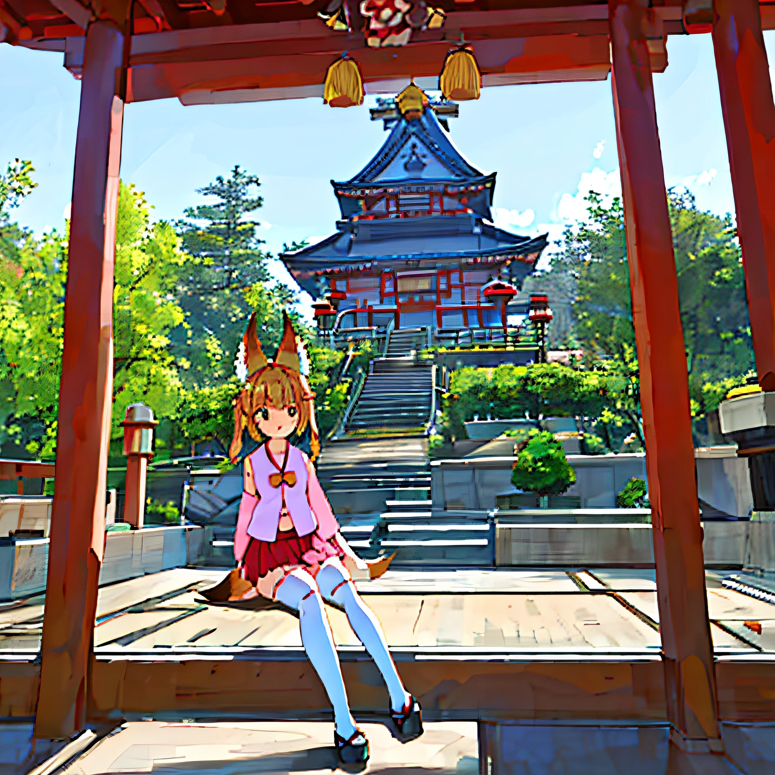 (Nozakura Temple，独奏)  1girll，Pink clothes，blonde twin tails，fox ear，fox tails，red mini skirt，White knee-high socks，sat on the ground，full bodyesbian。