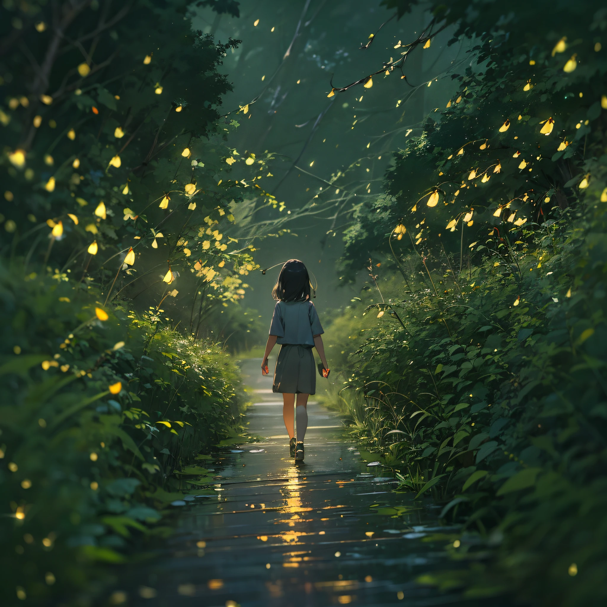 Girl strolling along the riverside path with fireflies