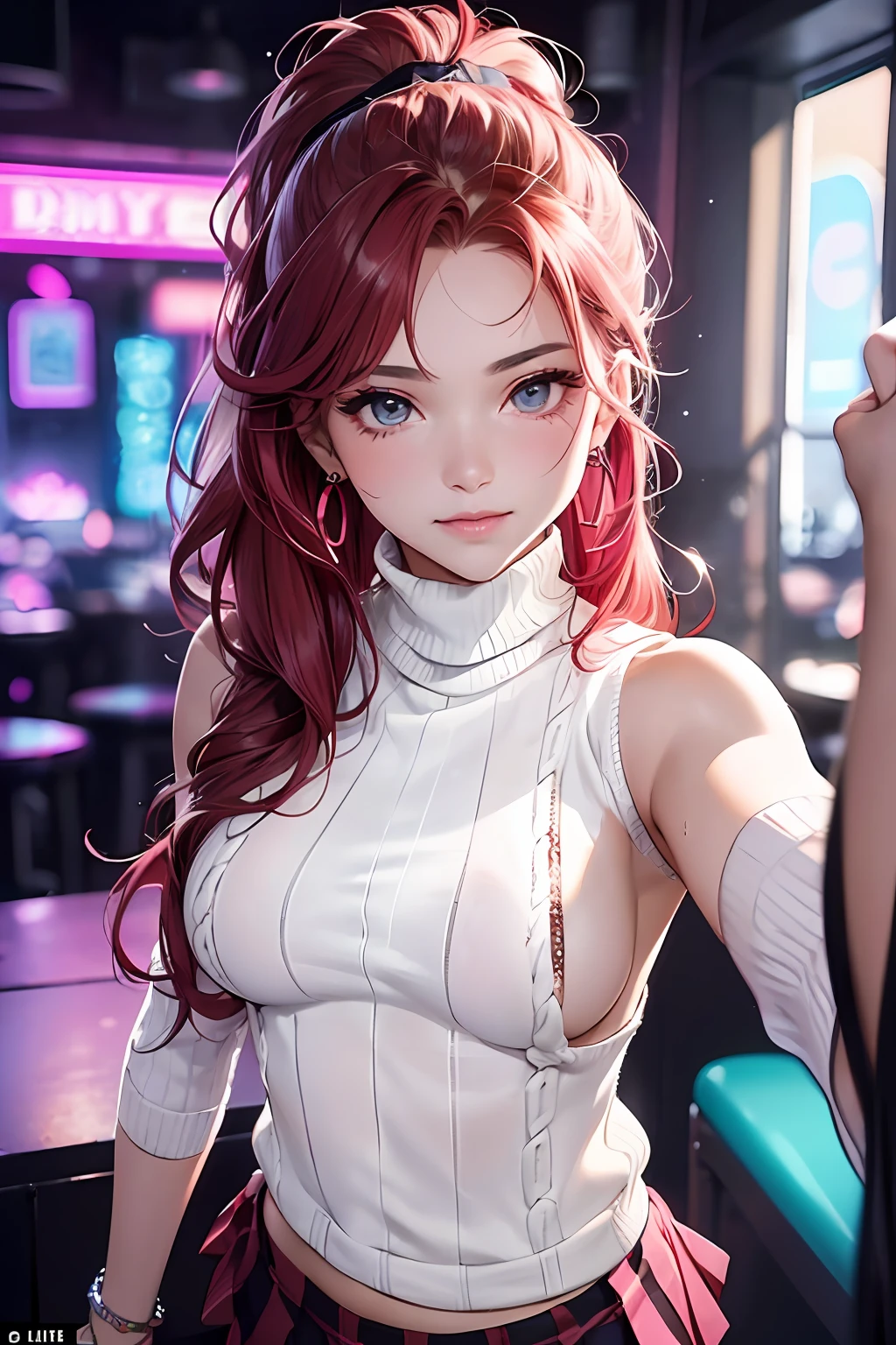 (masterpiece: 1.3), (max resolution: 1.2), (Ultra HDTV: 1.2), cinema lite, Ultra HDTV, (Detailed eyes and skin), (detailed facial features), 8K resolution, Sharp Focus: 1.2, Perfect Style, Beautiful Face, accurate, Anatomically correct, Highly detailed face and skin texture, Detailed eyes, Dark-blue eyes, Double eyelids, Thin eyebrows, (dropped eyes:0.65), (Glitter Eyeliner:1.2), Natural cheeks, Glossy skin, (Fair skin:1.2), shiny necklace and earrings, (Glossy lips: 1.4), BREAK, absurderes, One-person viewpoint, (She is Very Cute nightclub staff), (Wearing a white sleeveless turtleneck sheer sweater:1.5), ((no bra:1.6)), BREAK, (pleated mini skirt of Red colors:1.3), ((showing a little string panties:1.2)), (high heels), BREAK, (shy smile:1.2), ((18 years old, Very Cute and neat girl:1.3)), (high-ponytail hairstyle, Wavy Hair), ((Red hair:1.4)), Medium Long Hair, (Cowboy shot: 1.2), Focus on Face, ((Seduction pose and Selfie pose on Instagram:1.2)), ((inside the bar counter:1.2)), (looking at viewer), (medium large breasts:1.2), ((In the super erotic nightclub:1.4)), BREAK, ((Pink neon lights:1.2)), (((dim lighting:1.3))),