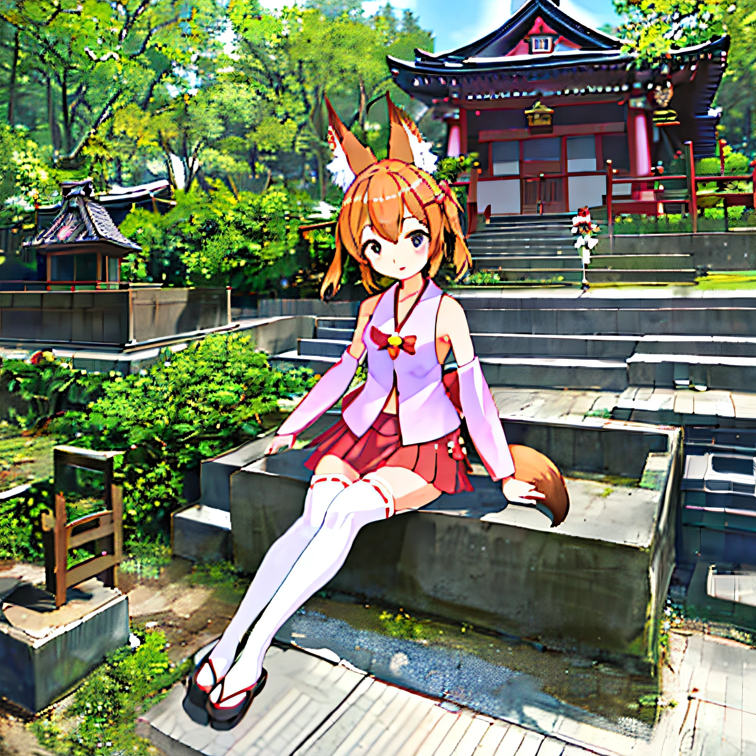 (Nozakura Temple，独奏)  1girll，Pink clothes，blonde twin tails，fox ear，fox tails，red mini skirt，White knee-high socks，sat on the ground，full bodyesbian。