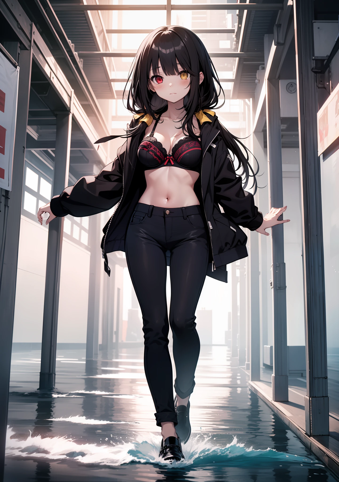Masterpiece, high quality, 1girl, ((tokisaki kurumi)), long hair, black hair, full body, mini bra, mini pants, monochrome, ((right red eye:1, left yellow eye:1)), low twintails, (diving), yandere, perfect body, (big thigh), blush, looking at viewer, beautiful girl, cute, in the sea