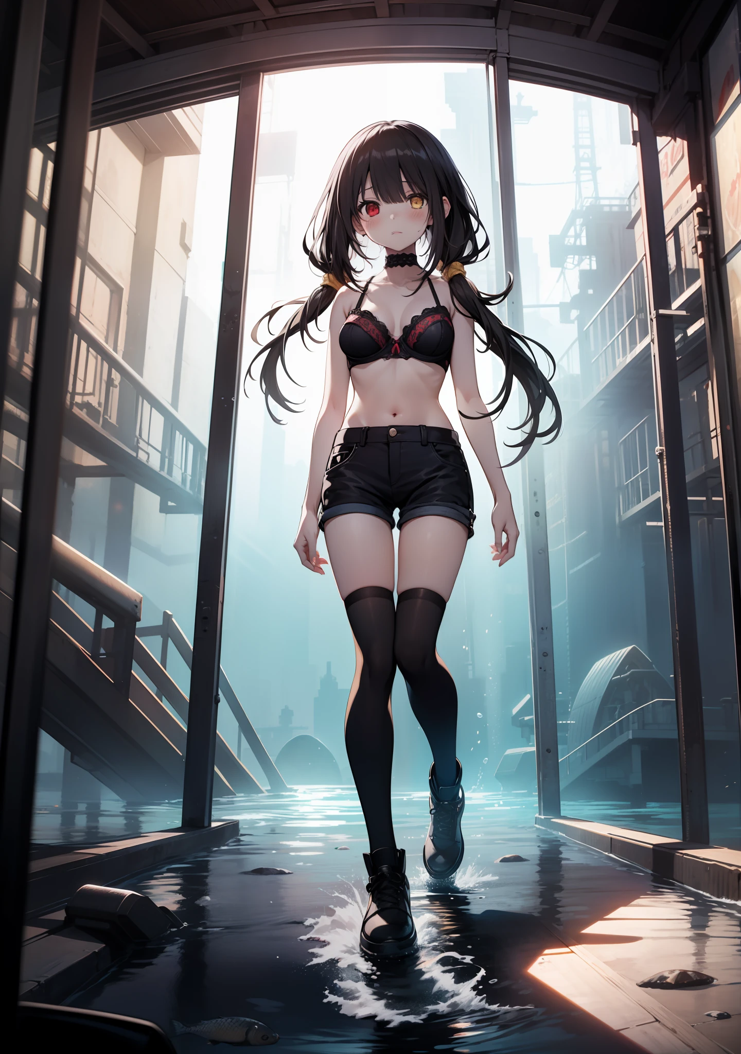 Masterpiece, high quality, 1girl, ((tokisaki kurumi)), long hair, black hair, full body, mini bra, mini pants, monochrome, ((right red eye:1, left yellow eye:1)), low twintails, (diving), yandere, perfect body, (big thigh), blush, looking at viewer, beautiful girl, cute, in the sea