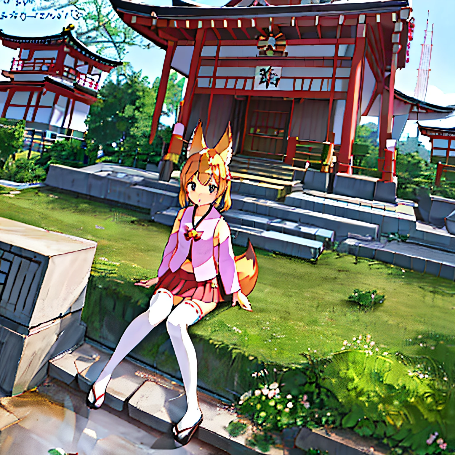 (Nozakura Temple，独奏)  1girll，Pink clothes，blonde twin tails，fox ear，fox tails，red mini skirt，White knee-high socks，sat on the ground，full bodyesbian。