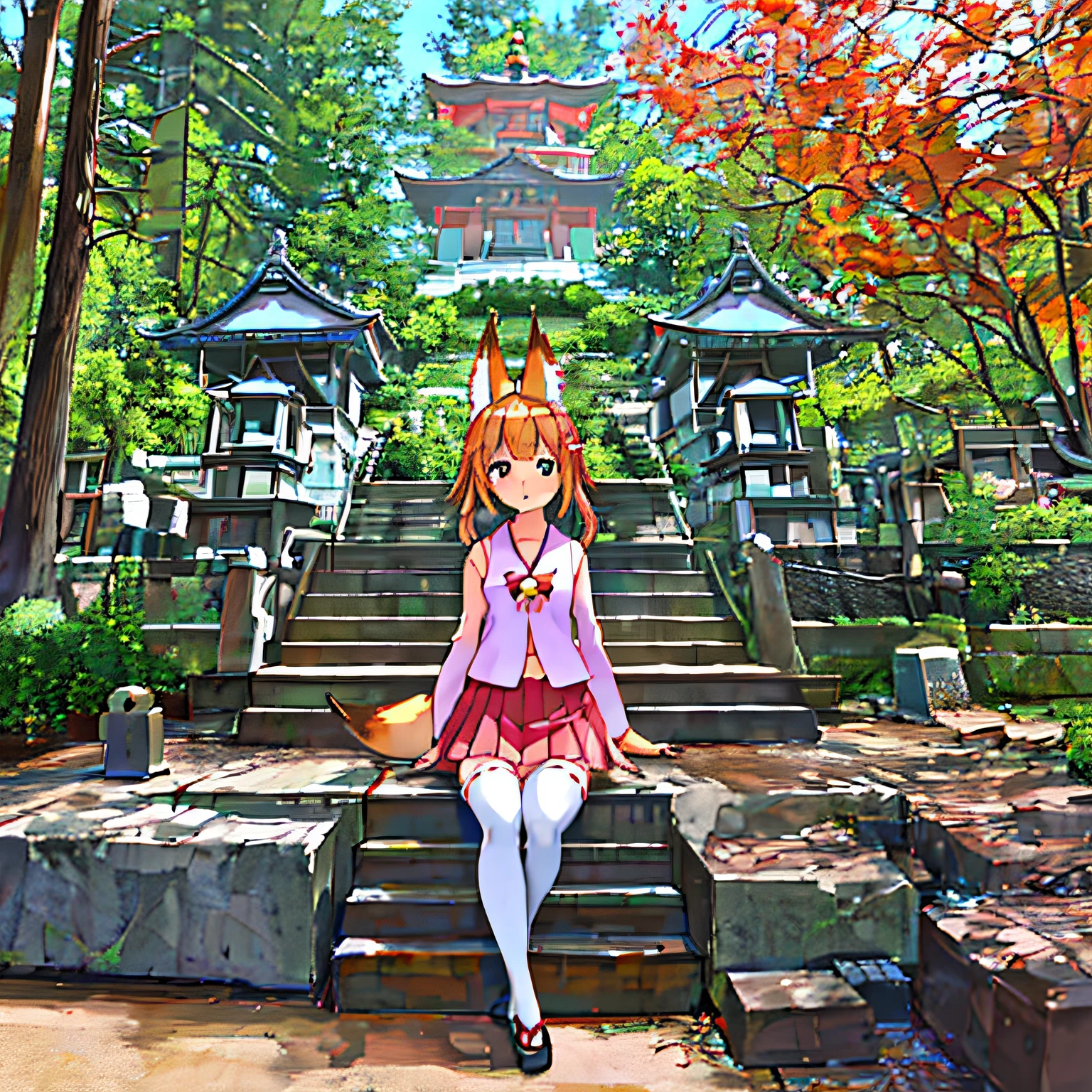 (Nozakura Temple，独奏)  1girll，Pink clothes，blonde twin tails，fox ear，fox tails，red mini skirt，White knee-high socks，sat on the ground，full bodyesbian。