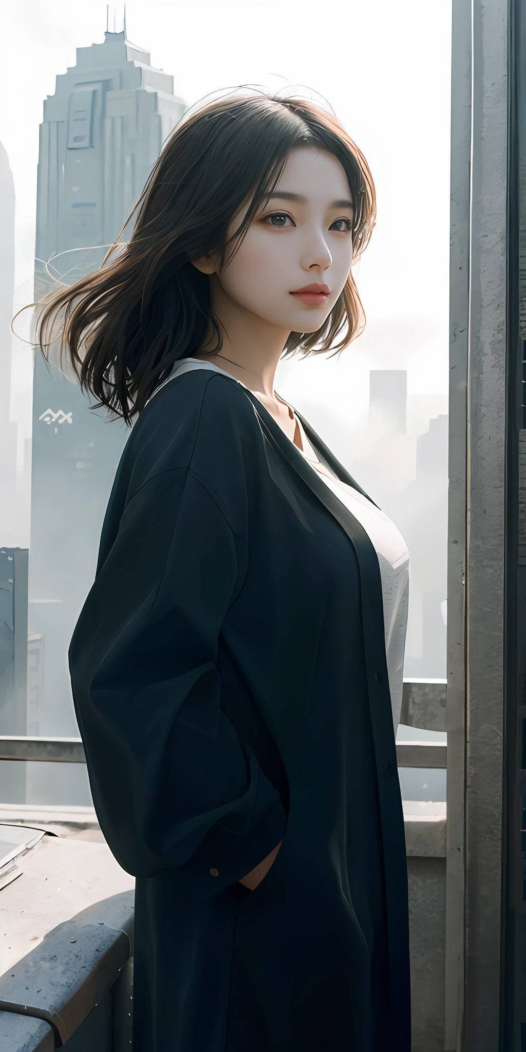 (1girll:1.3), 独奏, (((very vey very detailed face))),((very detailed eyes and faces))),beatiful detailed eyes,Body parts__,offcial art,Unified 8k wallpaper,ultra-detailliert,Beautiful and beautiful,big breasts beautiful,tmasterpiece,best qualtiy,primitive,tmasterpiece,ultra fine photos,best qualtiy,超高分辨率,photorealistic realism,rays of sunshine,full-body portraits,stunningly beautiful,,dynamicposes,delicated face,Bigchest,Vibrant eyes,(From the front side), Very detailed city roof background, Roof,looking over city,详细的脸,detailed complex busy background,Untidy,opulent,milkyW,highly detailedskin,Realistic details of skin,Visible pores,Clear focus,volume fog,8K UHD,digital SLR camera,high qulity,filmgrain,White skin of the,photo-realism,DL,A huge metropolis of the dystopia of the future, semi transparent