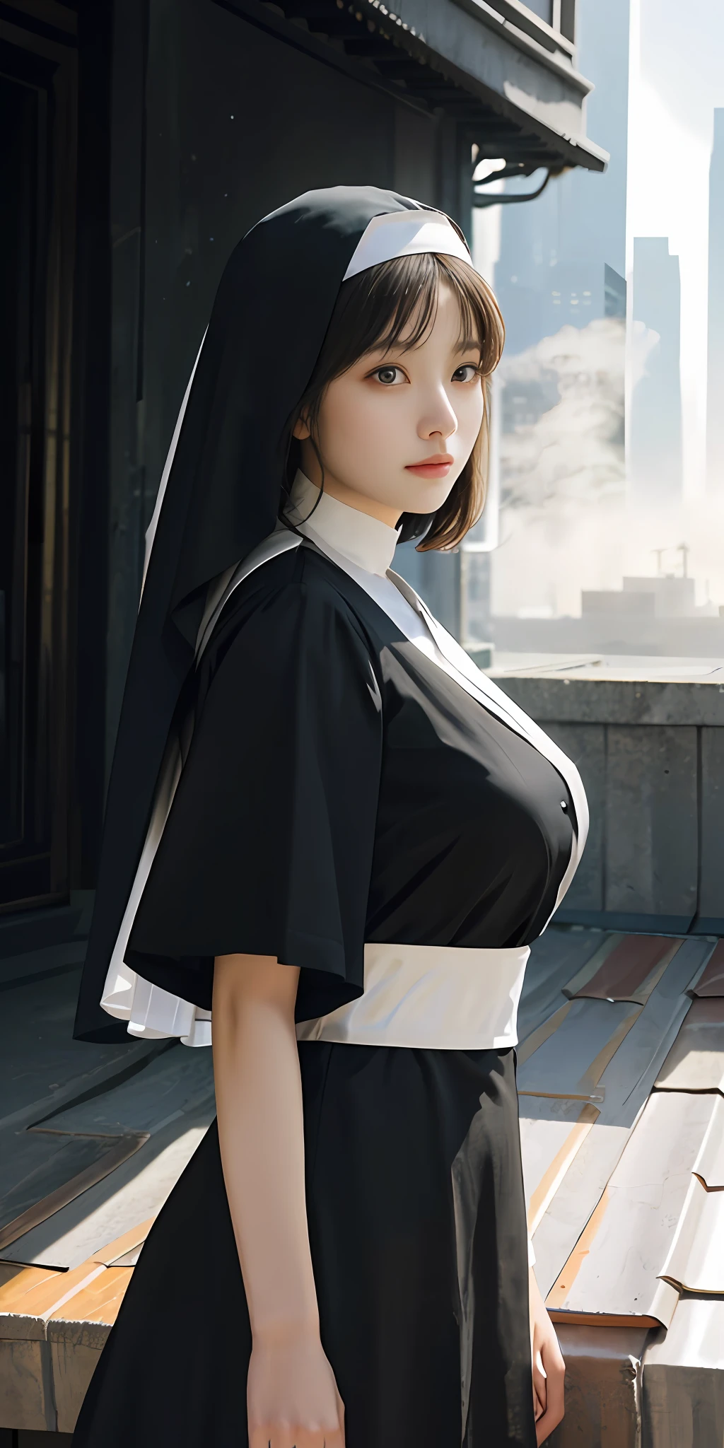 （1girll：1.3）， 独奏， （（（very vey very detailed face））），（（very detailed eyes and faces））），beatiful detailed eyes，Body parts__，offcial art，Unified 8k wallpaper，ultra-detailliert，Beautiful and beautiful，big breasts beautiful，tmasterpiece，best qualtiy，primitive，tmasterpiece，ultra fine photos，best qualtiy，超高分辨率，photorealistic realism，rays of sunshine，full-body portraits，stunningly beautiful，，dynamicposes，delicated face，Bigchest，Vibrant eyes，（From the front side）， Very detailed city roof background， Roof，looking over city，详细的脸，detailed complex busy background，Untidy，opulent，milkyW，highly detailedskin，Realistic details of skin，Visible pores，Clear focus，volume fog，8K  UHD，digital SLR camera，high qulity，filmgrain，White skin of the，photo-realism，DL，A huge metropolis of the dystopia of the future， semi transparent，Nun attire