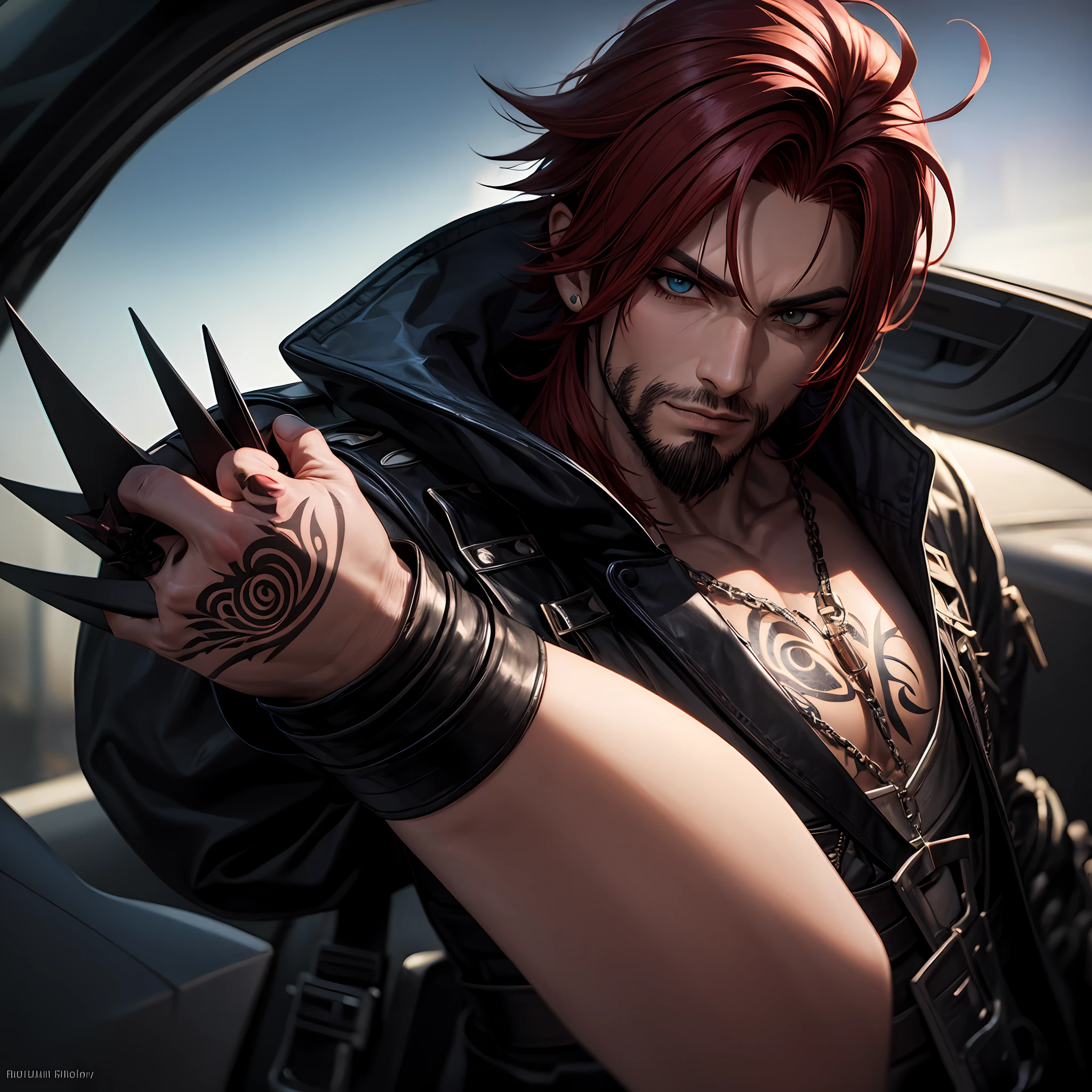 Anime man, thief, red_hair, goatee, spikey_hair, brown_leather, dark_fantasy, tattoos, final_fantasy --auto