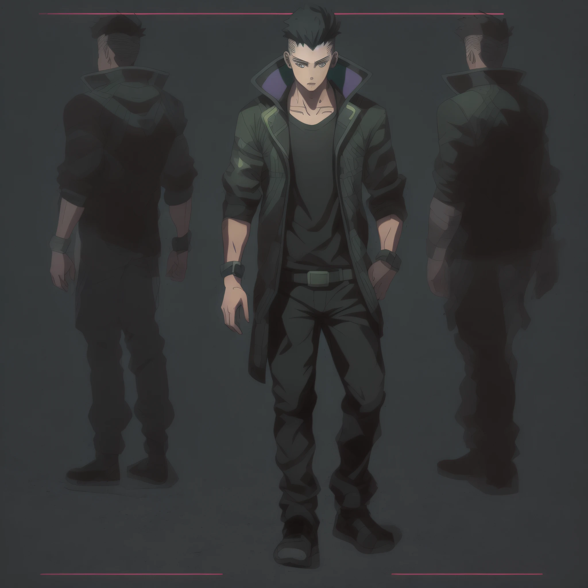 Create the art of a young male human character with a normal body and average height, vestindo camiseta, jaqueta de trincheira longo da cor preta, Estilo detetive Noir, Estilo Shadowrun,  Personagem inspirado em Shadowrun