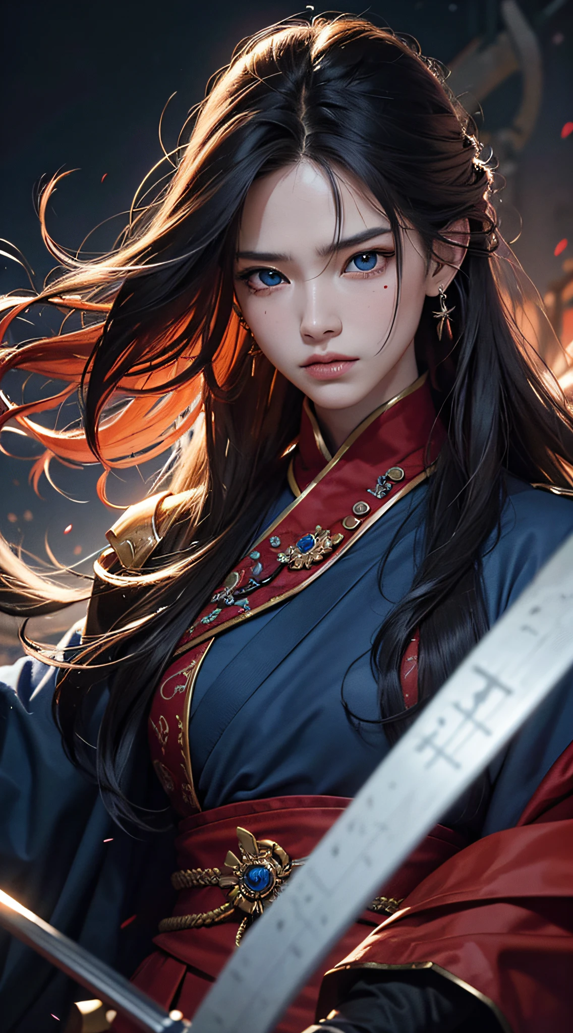 official art, unity 8k wallpaper, ultra detailed, beautiful and ancient, masterpiece, best quality, realistic, close-up, skindentation, Yi Zaha, blood samurai clothes, blue eyes, asean face, detailed hair, fiery background, straight-on, looking at viewer, glossy --auto