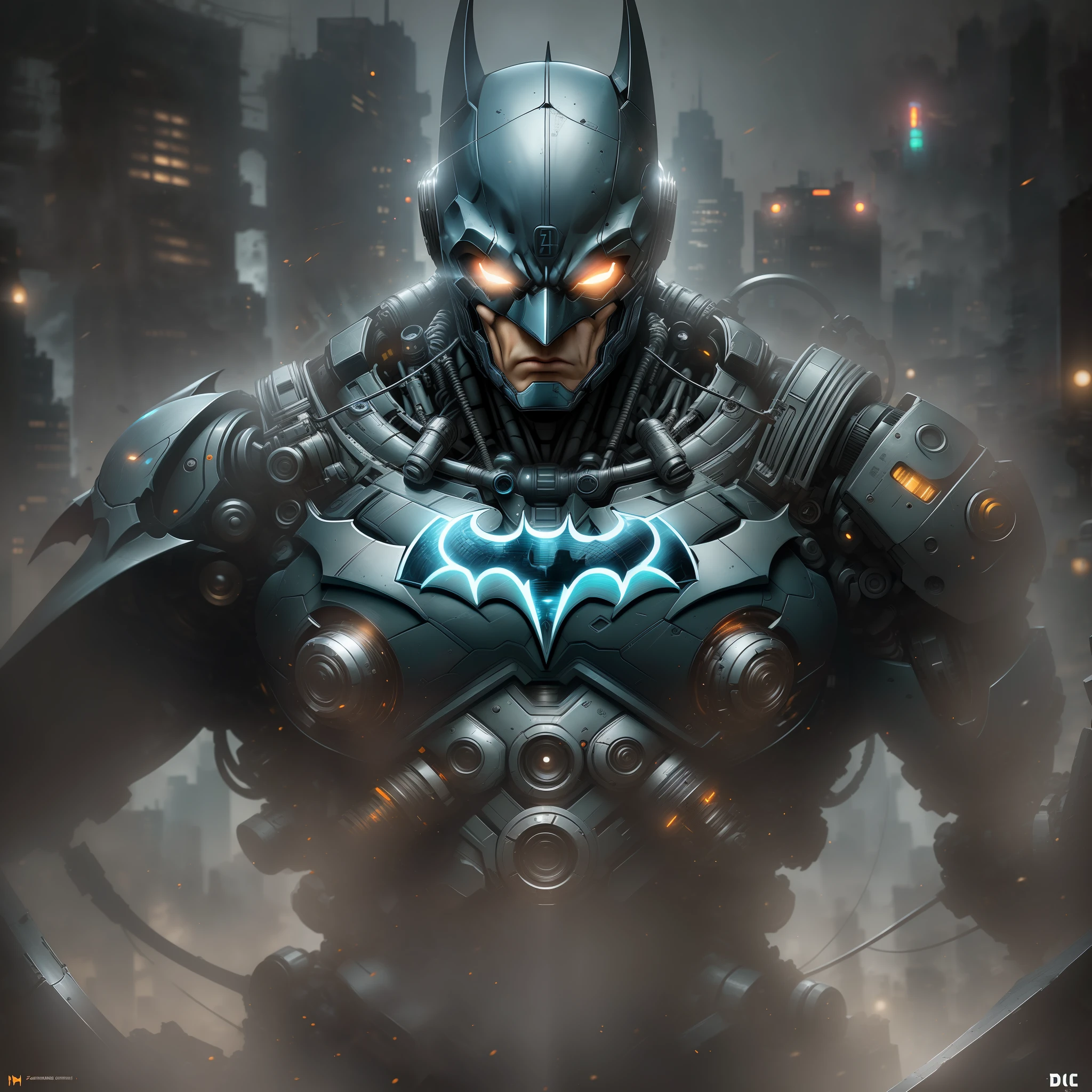 Batman from DC photography, biomechanical, complex robot, full growth, hyper-realistic, insane small details, extremely clean lines, cyberpunk aesthetic, masterpiece featured on Zbrush Central