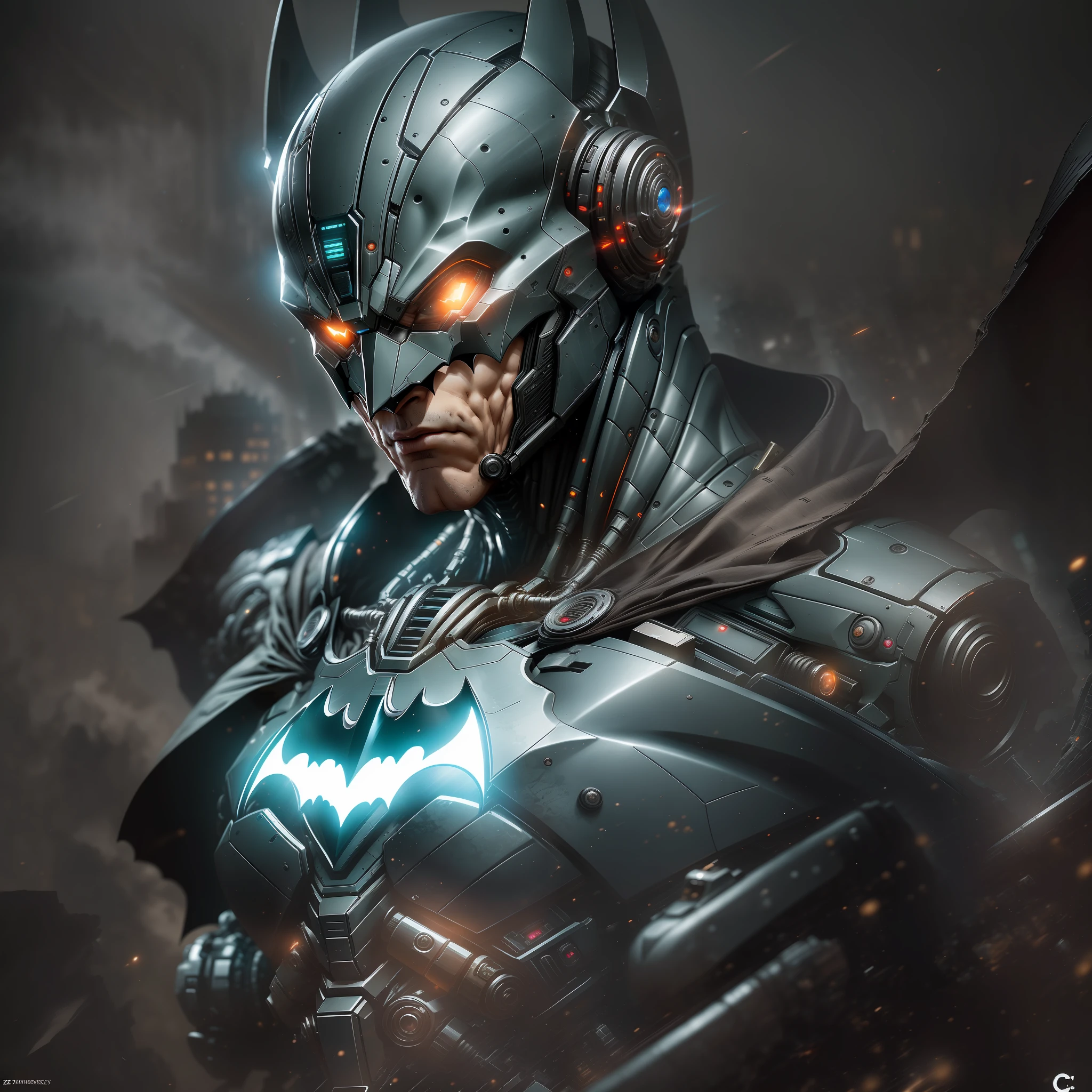 Batman from DC photography, biomechanical, complex robot, full growth, hyper-realistic, insane small details, extremely clean lines, cyberpunk aesthetic, masterpiece featured on Zbrush Central