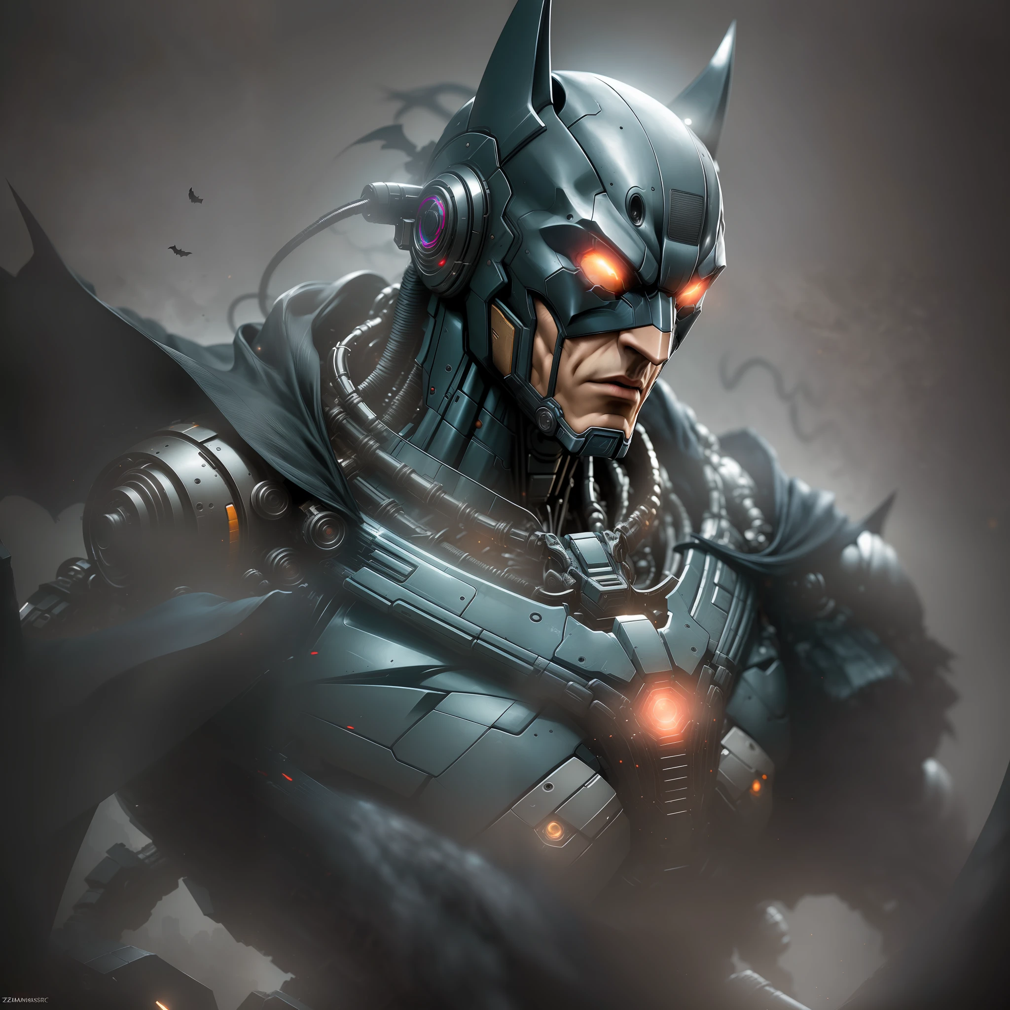 Batman from DC photography, biomechanical, complex robot, full growth, hyper-realistic, insane small details, extremely clean lines, cyberpunk aesthetic, masterpiece featured on Zbrush Central