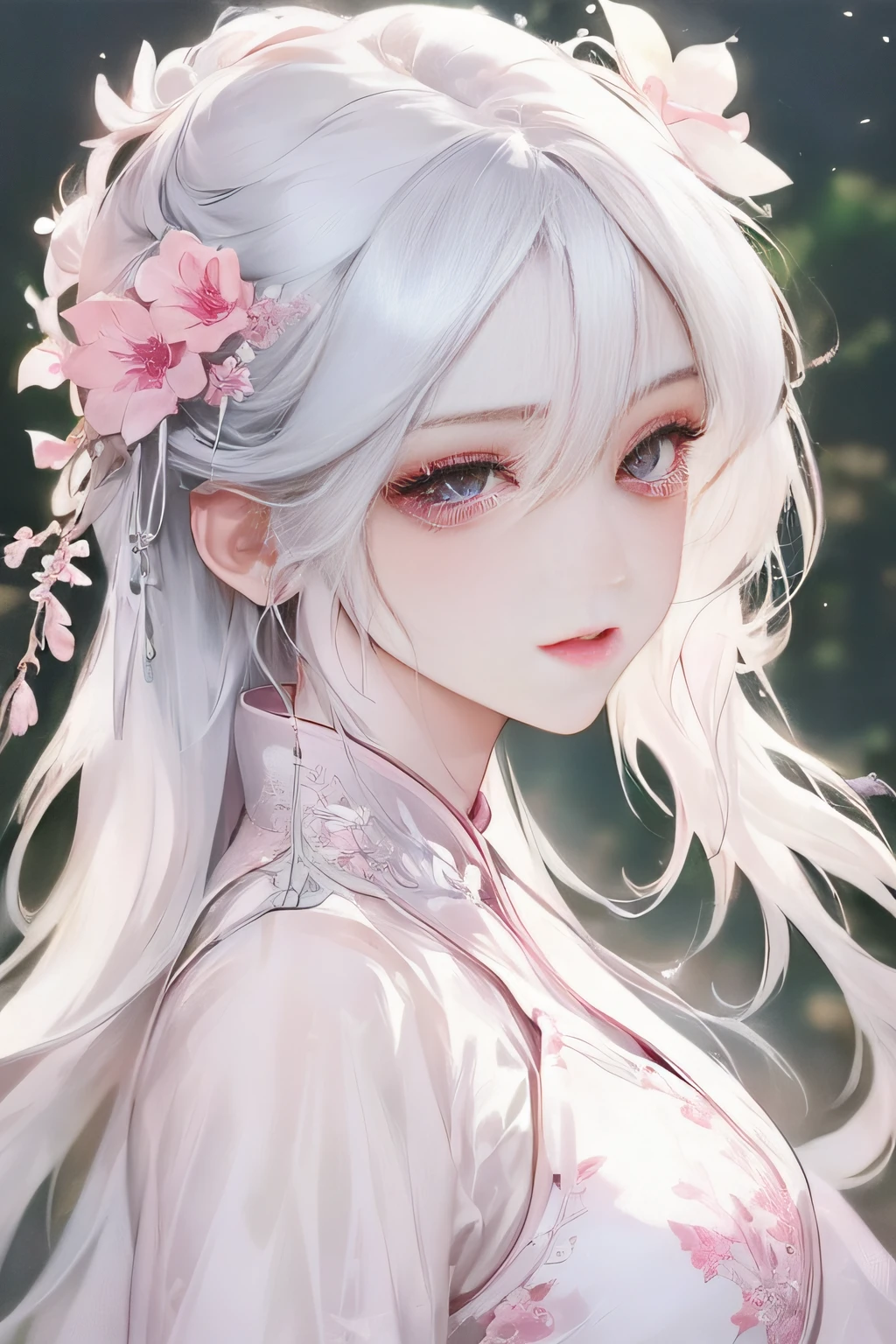 8K, Masterpiece, Best Quality, 1 Girl, Chinese Style, Chinese Architecture, Long Silver White Hair, Light Pink Lips, Clear Eyes, Bangs, Pink Flowers on Head, Flower Background, Petal Dance, Delicate Face, Close Up