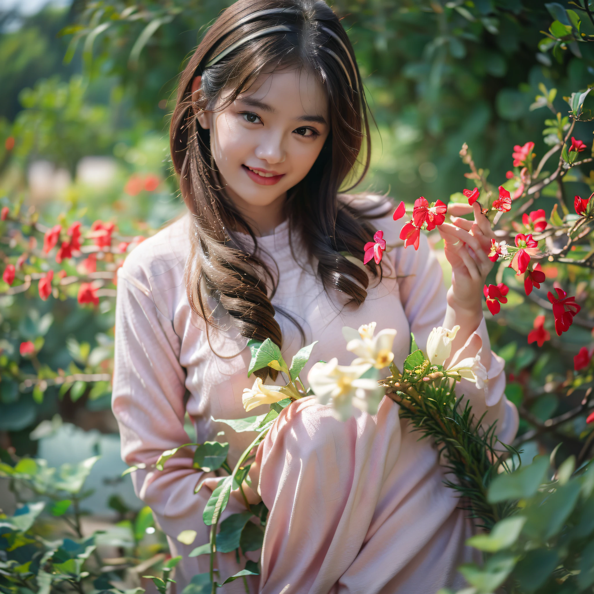 1girl, aodai white, photo art, (flower), a stunning photo with beautiful saturation, ultra high res,(realistic:1.4)),deep shadow,(best quality, masterpiece), pale skin, dimly lit, shade, flustered, blush, highly detailed, skinny, BREAK depth of field, film grain, wrinkled skin, looking at viewer, knee, warm smile, (upper body) masterpiece,ultra realistic,32k,extremely detailed CG unity 8k wallpaper, best quality