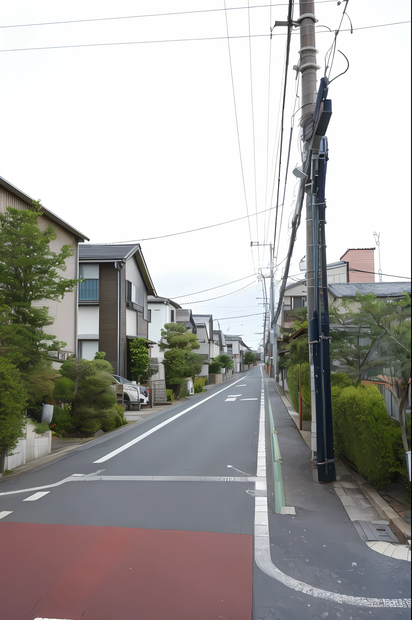 there is a street with a red curb and a white line, residential area, japanese neighborhood, japanese street, single street, photograph of the city street, houses and roads, japanese rural town, suburbia street, taken with sigma 2 0 mm f 1. 4, sloped street, japanese town, countryside in japan, prefecture streets, quiet street, best quality,masterpiece,Flat color, Plants are faithful, Faithful to the photograph, Do not shift the position, Position accurately, The white lines on the road are accurate, Accurately represent the pattern on the wall, Detailedly depict the depth,
Subtly represent bright colors, Brighten the dark areas, Make the power lines thin, Keep the lines as straight as possible, Astounding fidelity, Precisely depict the window frames, (Desaturated tones: 1.25), (HDR: 1.25), (ArtStation: 1.2), (Intricate details: 1.14), (Ultra-realistic 3D rendering: 1.16), (Film: 0.55)
