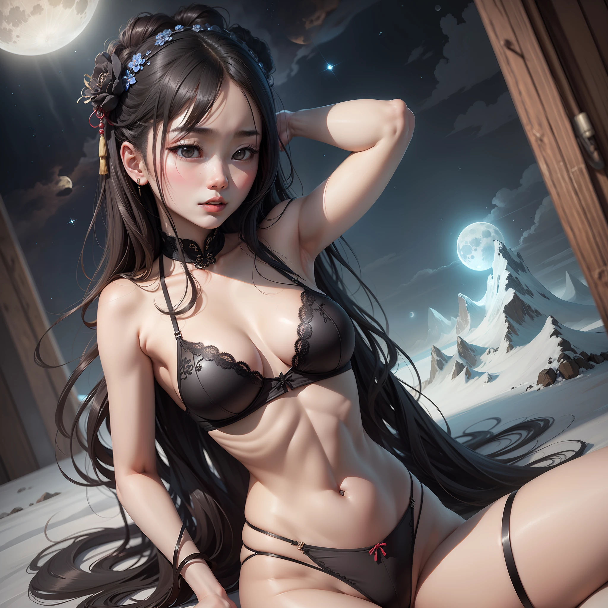 Chinese girl beautiful slender body in short black lingerie attached to the body her and  are marked watching the moon on an ice mountain