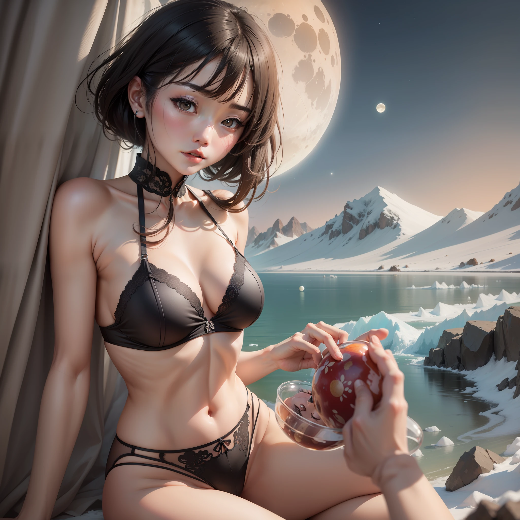 Chinese girl beautiful slender body in short black lingerie attached to the body her and are marked watching the moon on an ice mountain