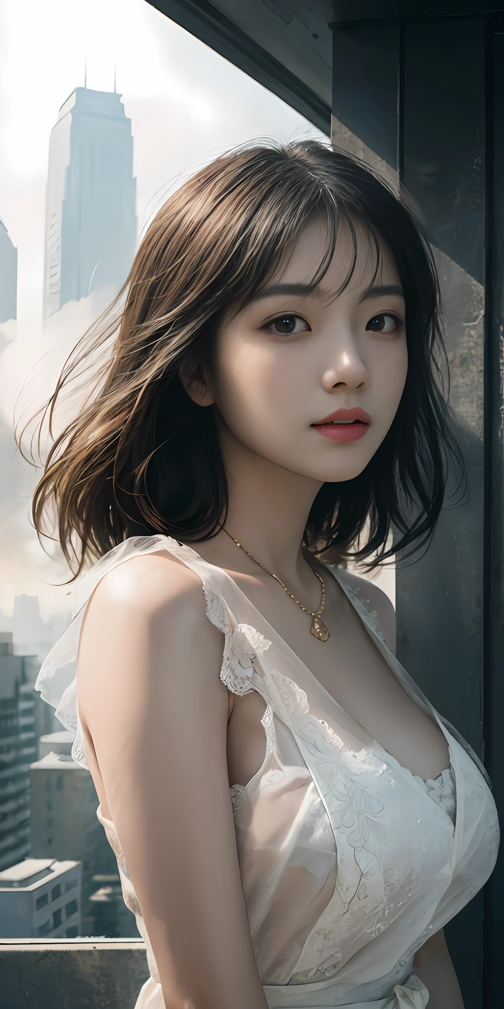 (1girll:1.3), 独奏, (((very vey very detailed face))),((very detailed eyes and faces))),beatiful detailed eyes,Body parts__,offcial art,Unified 8k wallpaper,ultra-detailliert,Beautiful and beautiful,big breasts beautiful,tmasterpiece,best qualtiy,primitive,tmasterpiece,ultra fine photos,best qualtiy,超高分辨率,photorealistic realism,rays of sunshine,full-body portraits,stunningly beautiful,,dynamicposes,delicated face,Bigchest,Vibrant eyes,(From the front side), Very detailed city roof background, Roof,looking over city,详细的脸,detailed complex busy background,Untidy,opulent,milkyW,highly detailedskin,Realistic details of skin,Visible pores,Clear focus,volume fog,8K UHD,digital SLR camera,high qulity,filmgrain,White skin of the,photo-realism,DL,A huge metropolis of the dystopia of the future, semi transparent