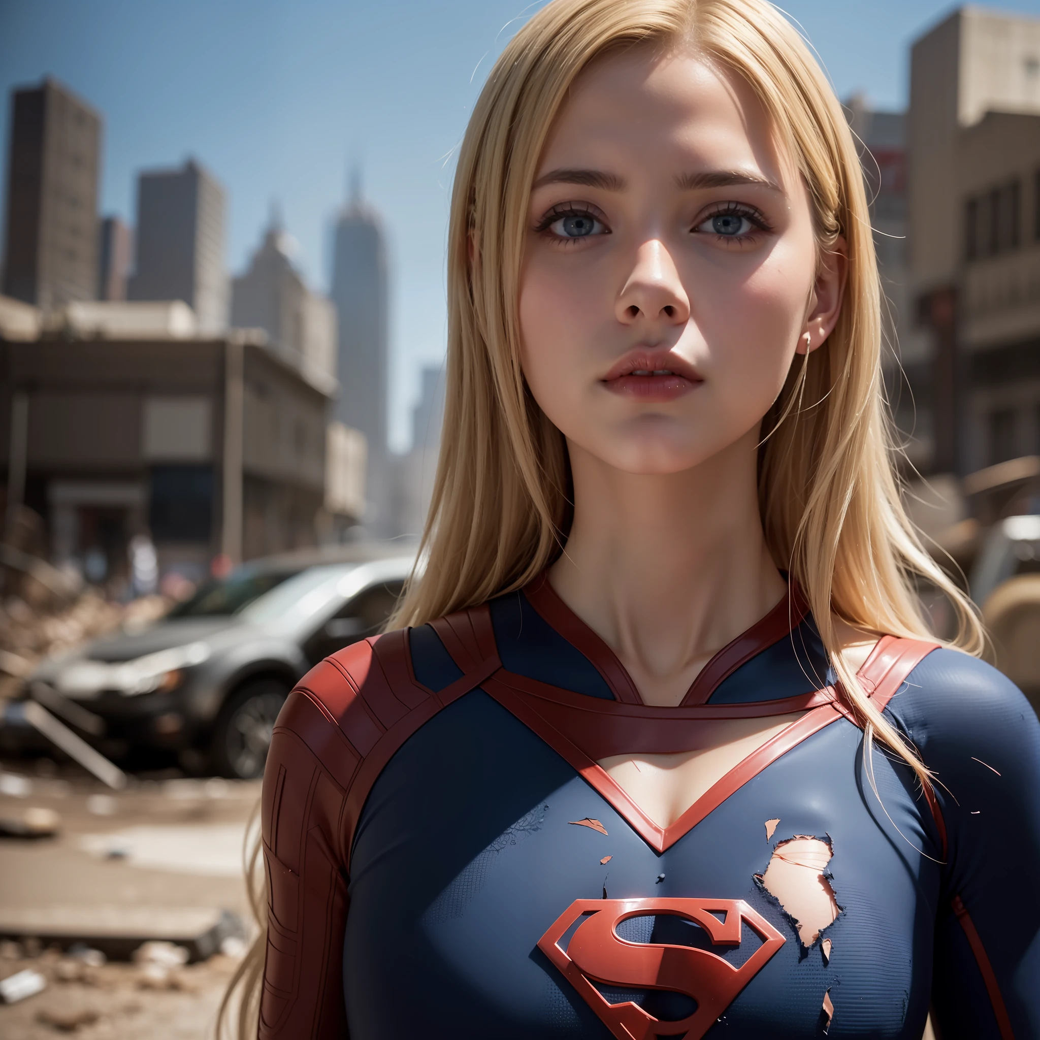 Melissa Benoist, 8k, best quality, real image, intricate details, ultra-detailed, ultra highres, depth field, (photorealistic, realistic: 1.2), masterpiece, photo of 1girl, supergirl, wounded, superhero, lying, back, realistic, super suit torn, (dirty, bruised, blood: 1.3), blue eyes, blonde hair, lips, long hair, solo, (revealing torn clothes, torn clothes: 1.3), ruined city background, best quality, realistic, photorealistic, (intricate details: 1.2), (delicate detailed), (cinematic light), clear line, sharp focus, realistic face, detailed face and beautiful blue eyes,