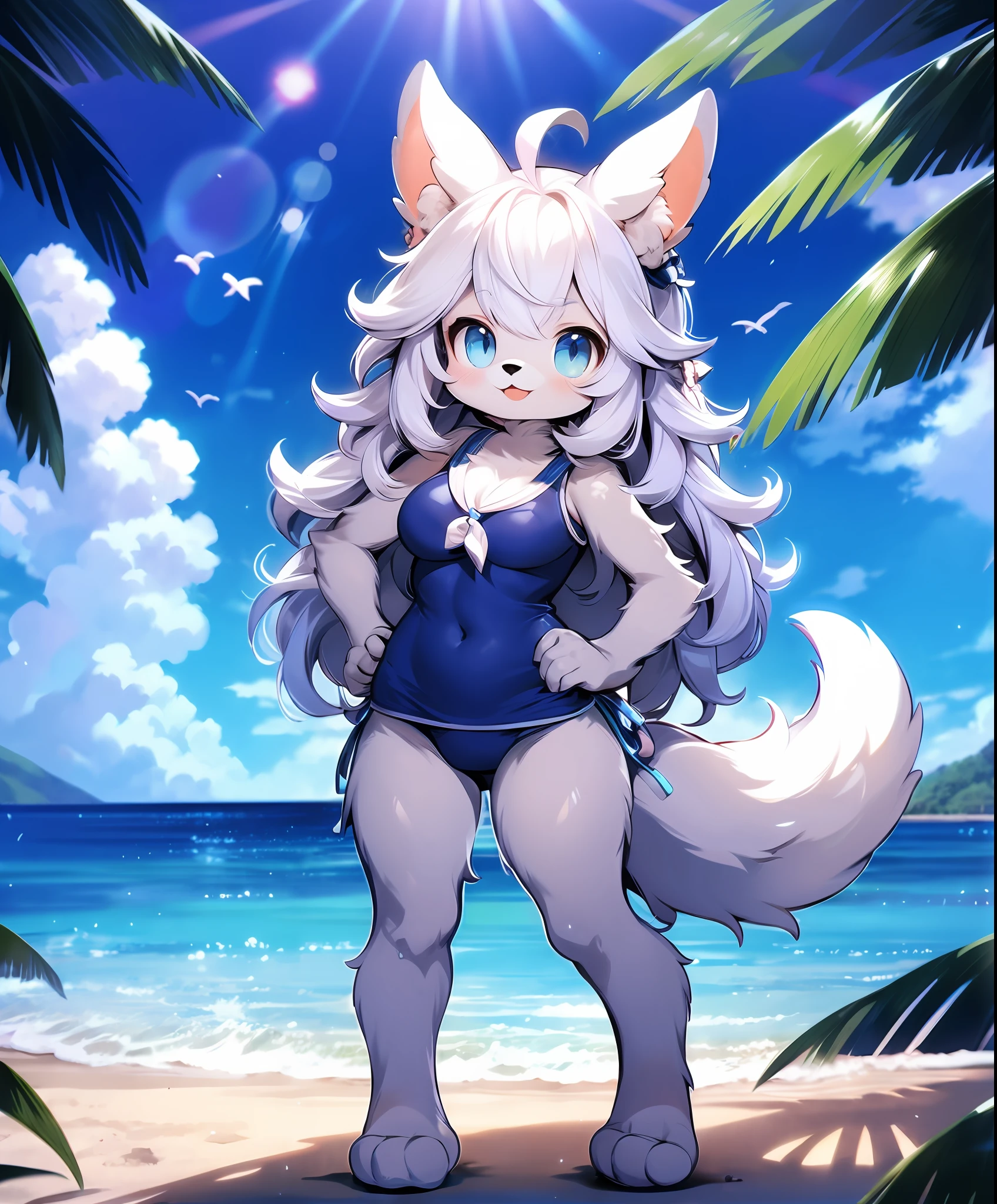 kawaii pose, large breasts,
outdoors, school swimsuit, furry female, furry, beach, animal ears, hands on hips, blue eyes, long hair, solo, blue hair, ocean, animal ear fluff, cloud, thighs, sky, smile, day, full body, water, :3, ahoge, tail, legs, belly, barefoot, standing, looking at viewer,