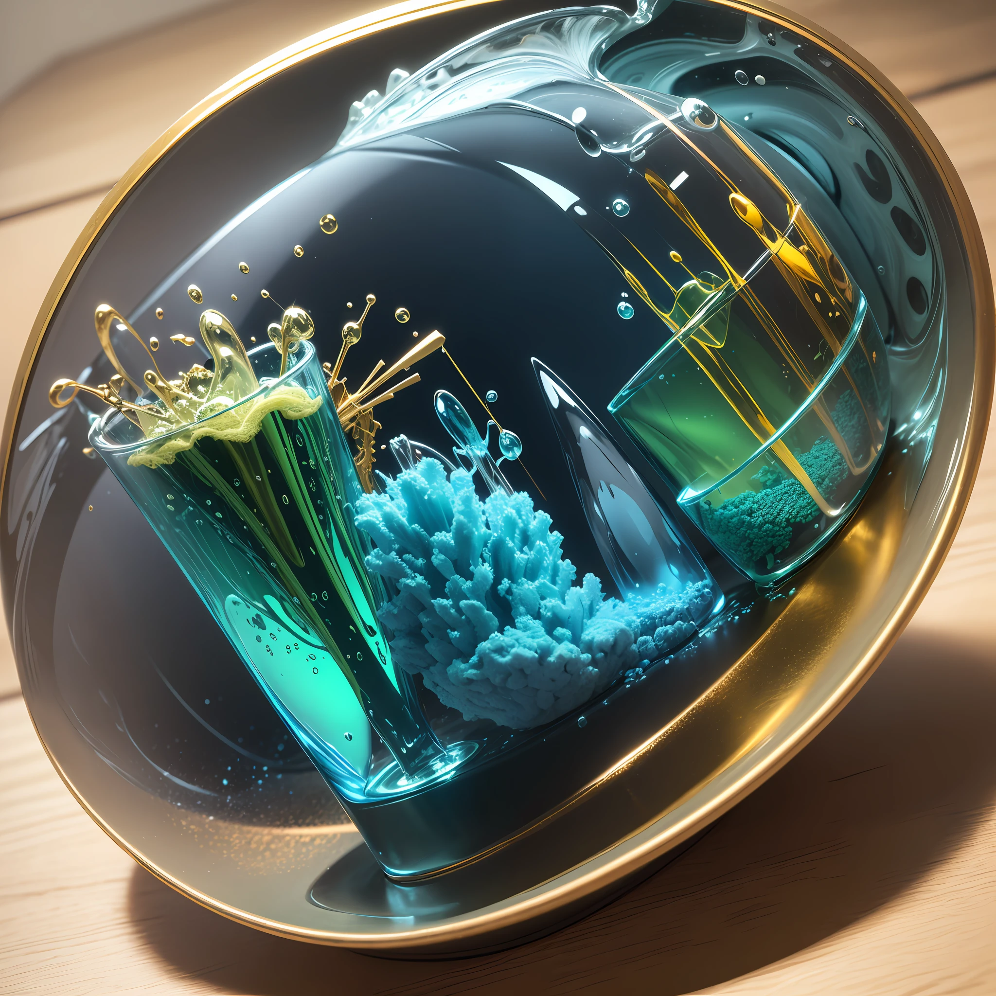 glassmorphism, laboratory toolset,in dark blue, coral and green, adding etails in gold --auto --s2