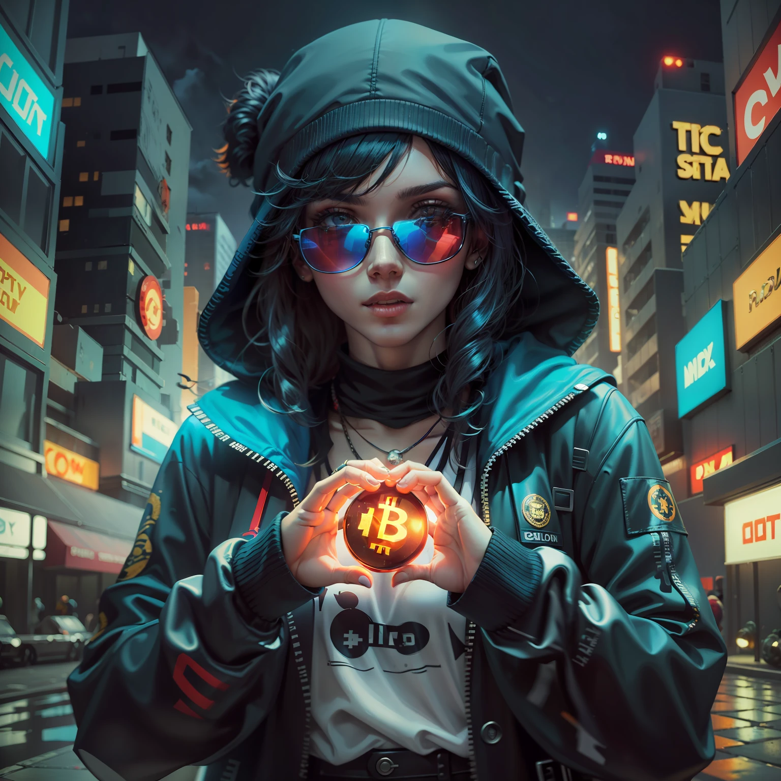 1 mulher preta, hacker, capuz, sun glasses , colar de bitcoin, holding a red pill and a blue one, Movie scenery, luz neon extremidades, noite, Chuva, volumeric lighting, melhor qualidade, obra-prima, realista