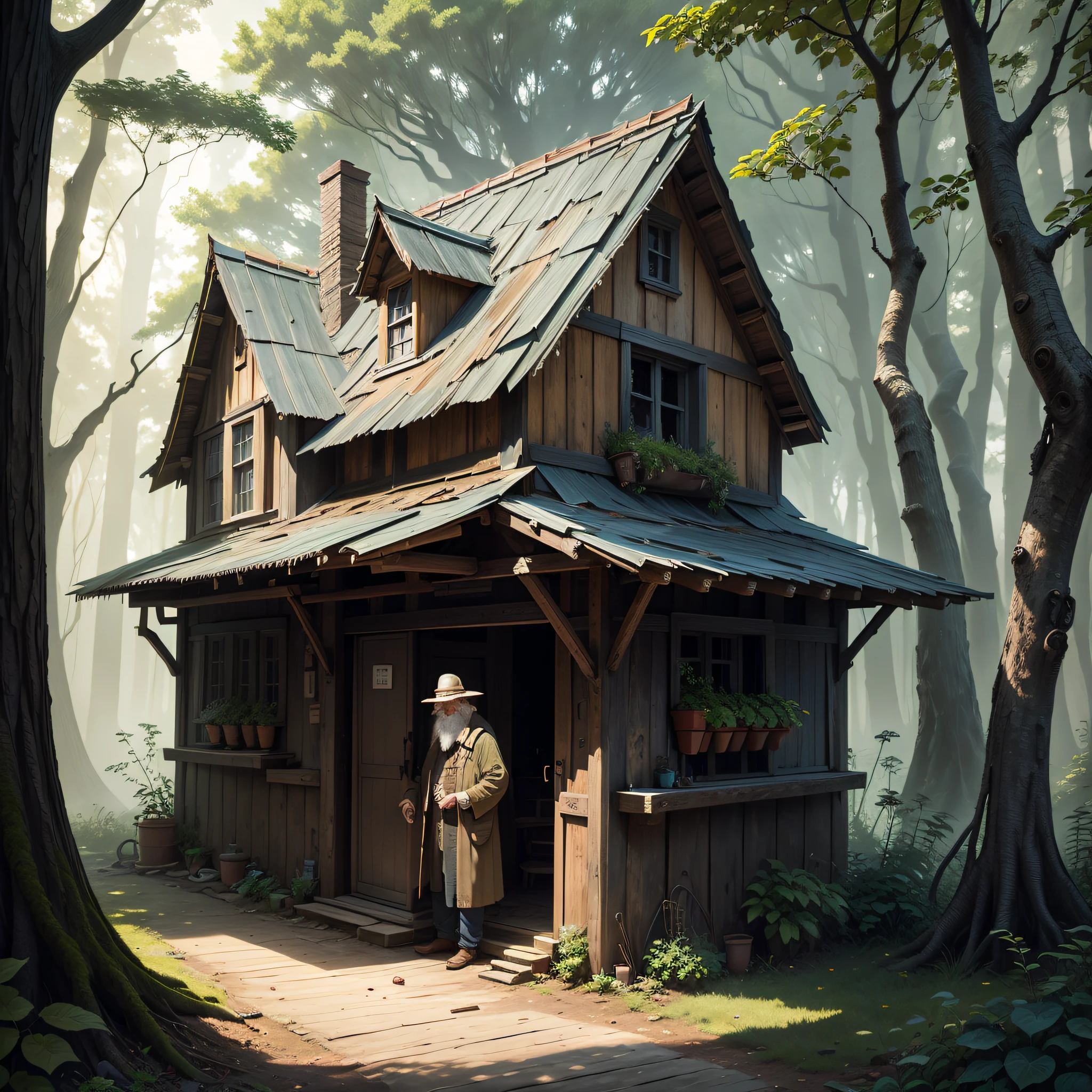 A wise old man at the door of an old-looking or rustic house that sits in the middle of a dense forest --auto