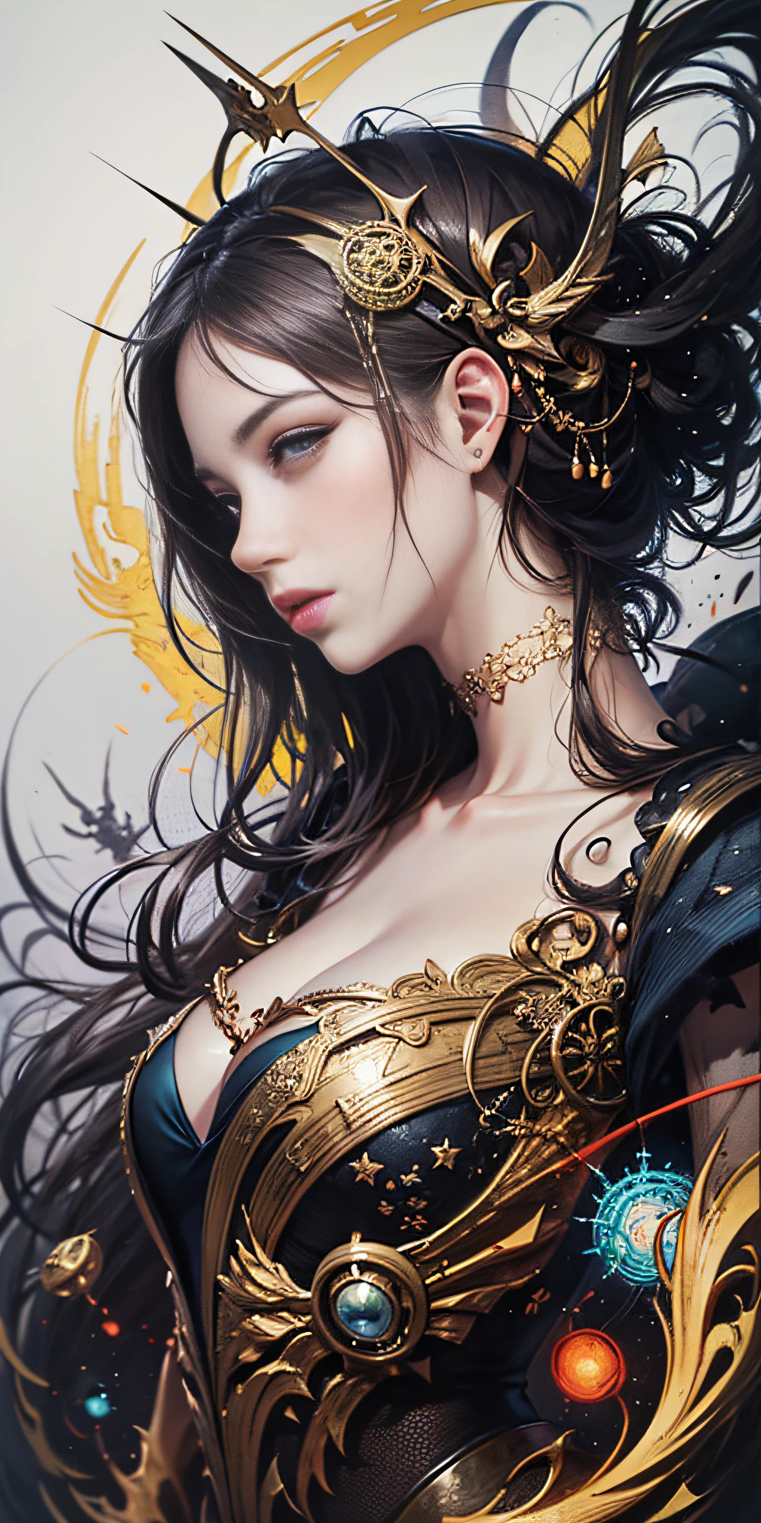 official art, unity 8k wallpaper, ultra detailed, beautiful and aesthetic, masterpiece, best quality, (zentangle, mandala, tangle, entangle), (fractal art:1.3) , 1girl, extremely detailed, dynamic angle, cowboyshot, the most beautiful form of chaos, elegant, a brutalist designed, vivid colours, romanticism, by james jean, roby dwi antono, ross tran, francis bacon, michal mraz, adrian ghenie, petra cortright, gerhard richter, takato yamamoto, ashley wood, atmospheric, ecstasy of musical notes, streaming musical notes visible