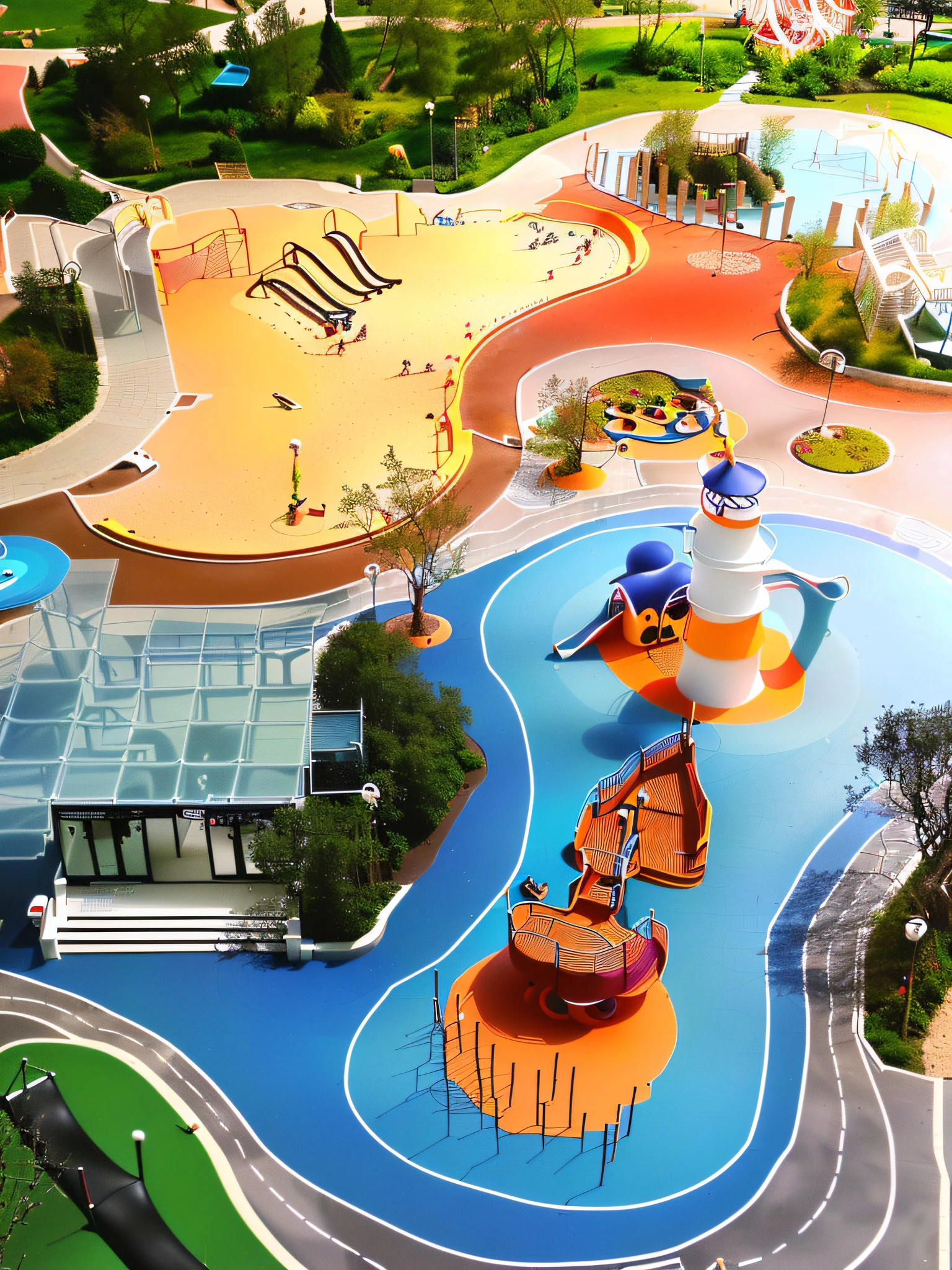 There is a small boat in the park in the water, children playground, urban playground, high - detail, high detal, detailed photo of virtual world, super detailed image, amusement park interior design, Super detailed, parks and public space, Urban parks, high detail photo, Bird's eye view, bird's eyes view, Hyper-realistic, hyper - realistic --auto
