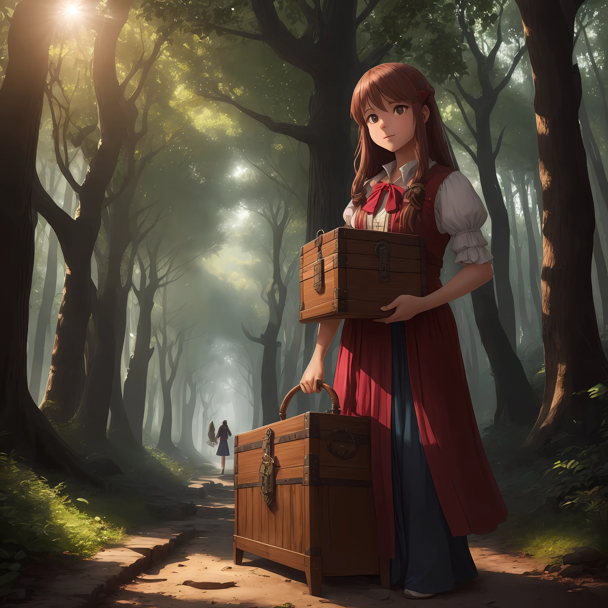 Sofia standing in the sunny backyard, holding an old, dusty treasure chest. She curiously opens it and finds an ancient map, her eyes wide with excitement as she unfolds it, revealing a path through the enchanted forest near her home. --auto