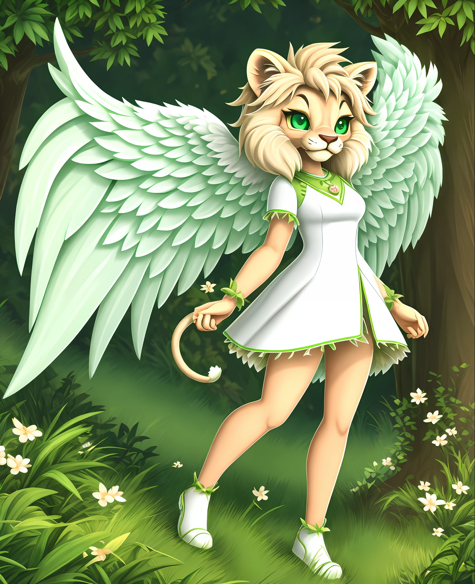 Lioness anthropomorphic, kawaii style, fluffy grass-green fur, green nature angel wings, dressed in spring splendor white and green dress, Lioness of God, Angel of nature elements, Masterpiece, Best Quality