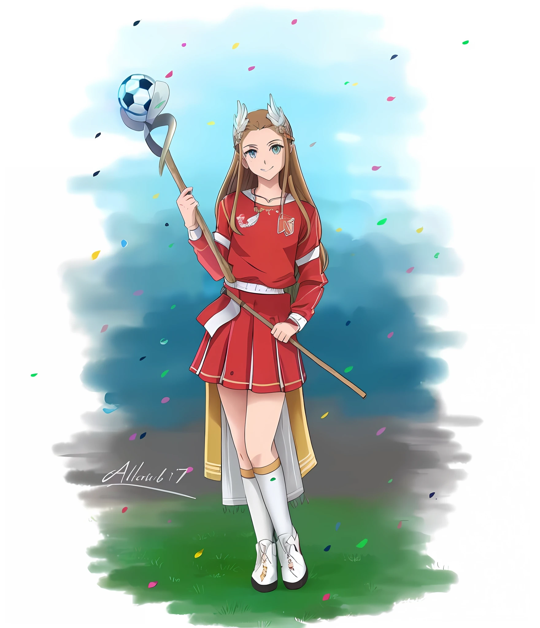 A cartoon drawing of a girl in a red dress holding a well-detailed stick, official fan art, arte tradicional, Fanart oficial, em estilo anime, em estilo anime, futebol Fanart de alta qualidade, anime em estilo fantasia futebol, Fanart, estilo de arte de anime, Marin Kitagawa Fanart, personagem estilo anime, estilo de arte anime, 😃😀😄☺🙃😉😗, ig studios estilo anime