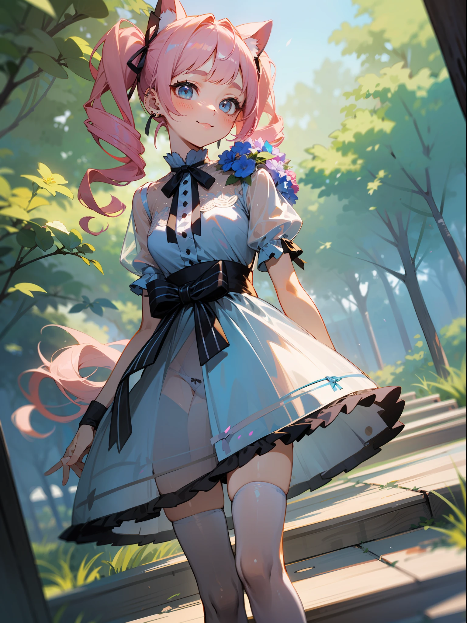 master piece, hyper quality, Hyper Detailed, Perfect drawing,Hi-Res、1girll,Loose and fluffy hair、drills twintails、A pink-haired、Big eyes with double eyelids、lofty nose、blusher(0.2)、small mouth、ear piercings、Lolita Fashion、Clothes with lots of lace and frills、a miniskirt,knee high socks(:1.5),(garterbelts)、(((Wrapped、With ribbon、Holding a large bouquet))), butt sticks out, Big round buttocks, Standing figure, ((Panties are visible)), (((Luxury panties)))((((Light blue see-through panties))))、Embarrassing、Smile、blue-sky、Summer colors、Sunlight、Walking trail、Shooting from diagonally below, portlate、beatiful backgrounds, meticulous drawing, Accurate drawing、Perfect illustration、Perfect Beautiful Girl