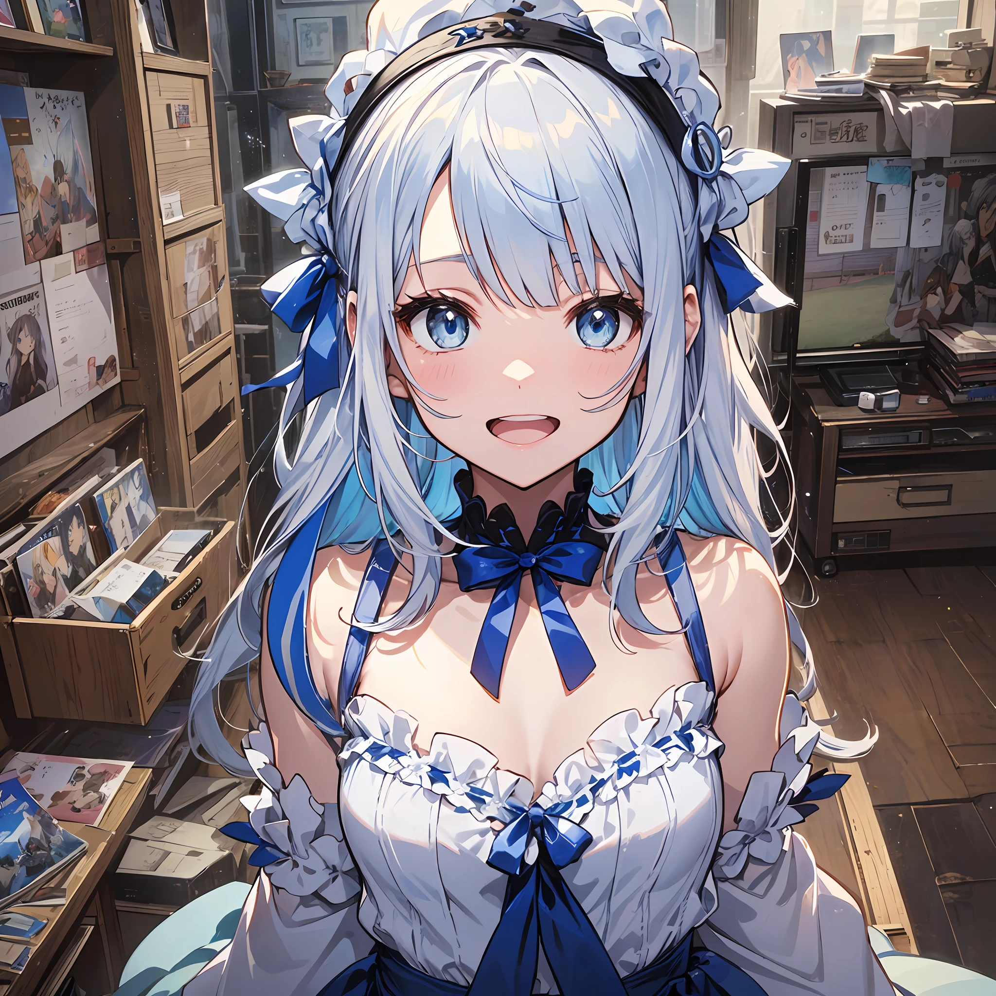 (of the highest quality、8K、masutepiece)) ((( Blue and white atelier sleeveless))) (((White hair )))++　Blue hair ornament　Anime characters with long gray hair and blue eyes、anime visual of a young woman、Today's featured anime stills、white haired god、Official art、Anime visuals of cute girls、popular isekai anime、Tsuaii、Marisa Drizzle、Animated Movies、Still from the TV smile　full bodyesbian　　during the day　夏天
