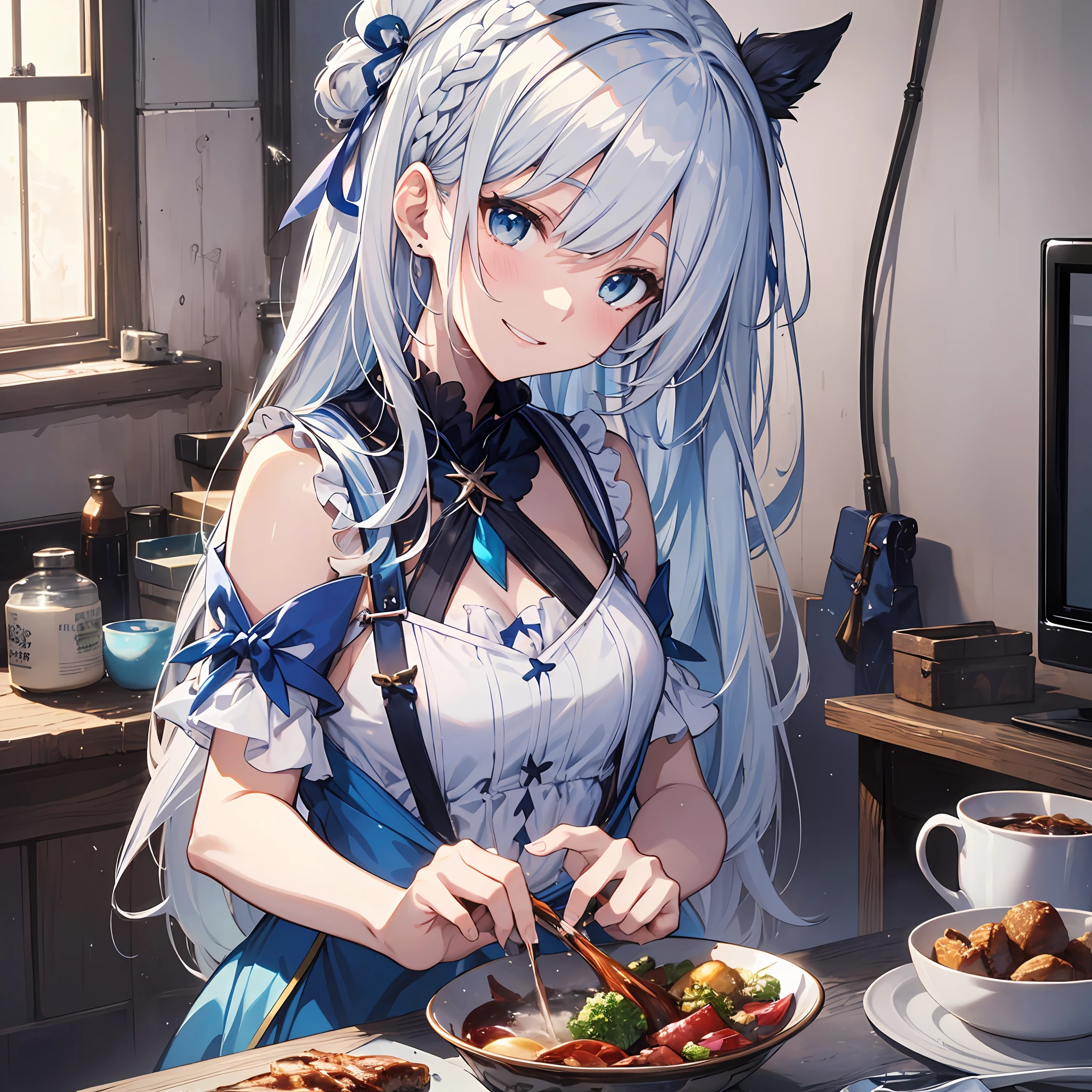 (of the highest quality、8K、masutepiece)) ((( Blue and white atelier sleeveless))) (((White hair )))++ Blue hair ornament Anime characters with long gray hair and blue eyes、anime visual of a young woman、Today's featured anime stills、white haired god、Official art、Anime visuals of cute girls、popular isekai anime、Tsuaii、Marisa Drizzle、Animated Movies、Still from the TV smile full bodyesbian during the day 夏天