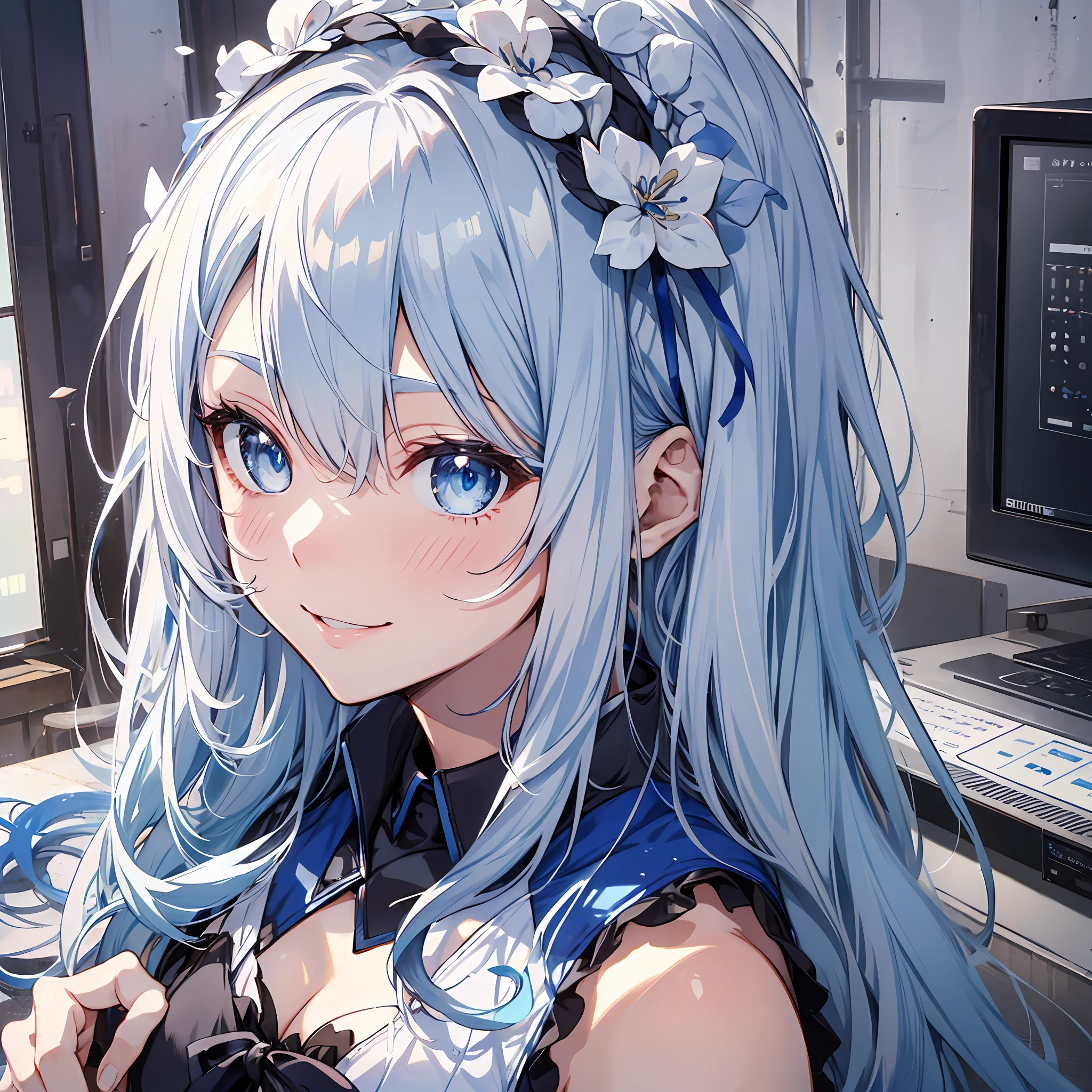 (of the highest quality、8K、masutepiece)) ((( Blue and white atelier sleeveless))) (((White hair )))++　Blue hair ornament　Anime characters with long gray hair and blue eyes、anime visual of a young woman、Today's featured anime stills、white haired god、Official art、Anime visuals of cute girls、popular isekai anime、Tsuaii、Marisa Drizzle、Animated Movies、Still from the TV smile　full bodyesbian　　during the day　夏天