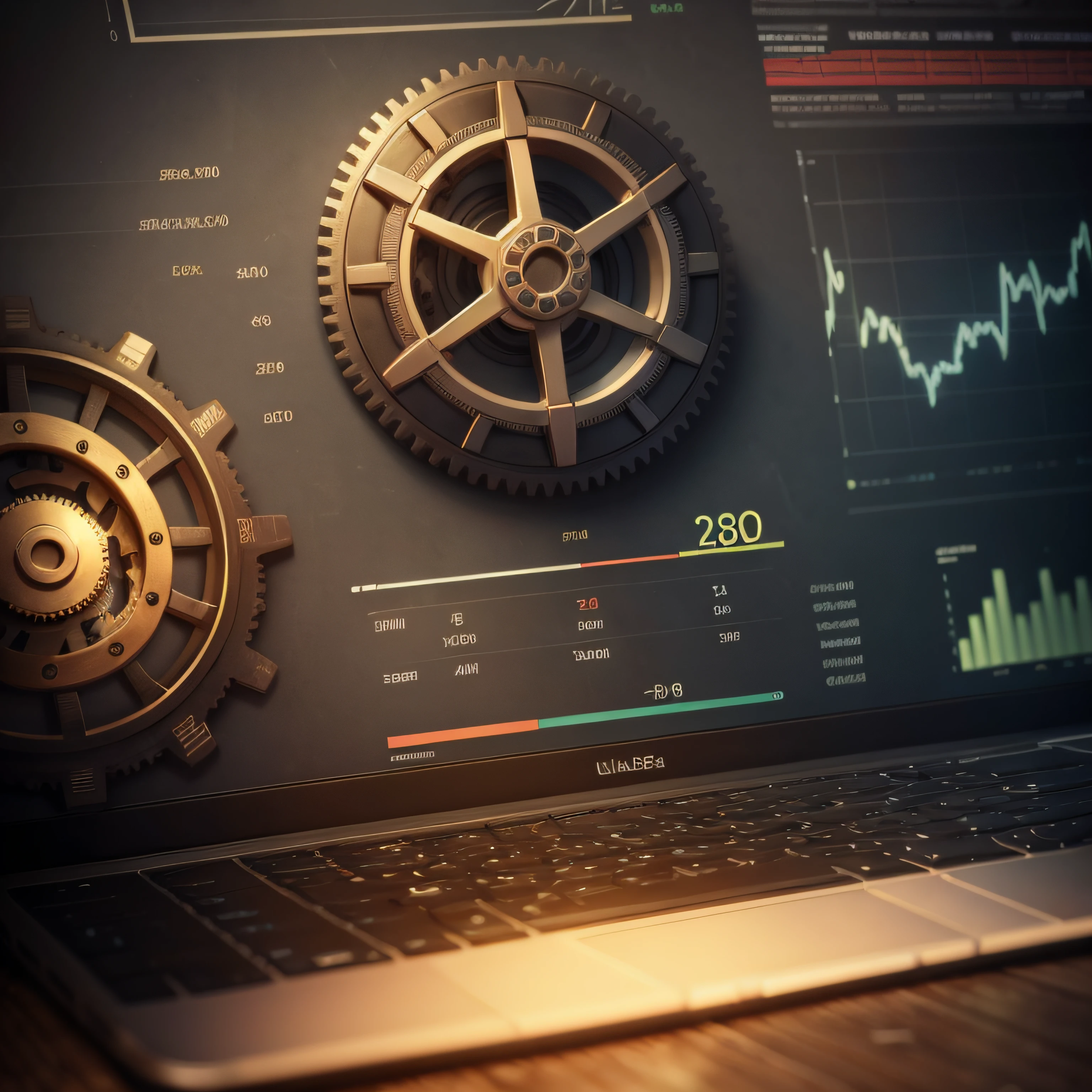 Make a realistic wallpaper involving gears, Graphs of financial assets and radii of electricity. Ultrarealista 3d --auto