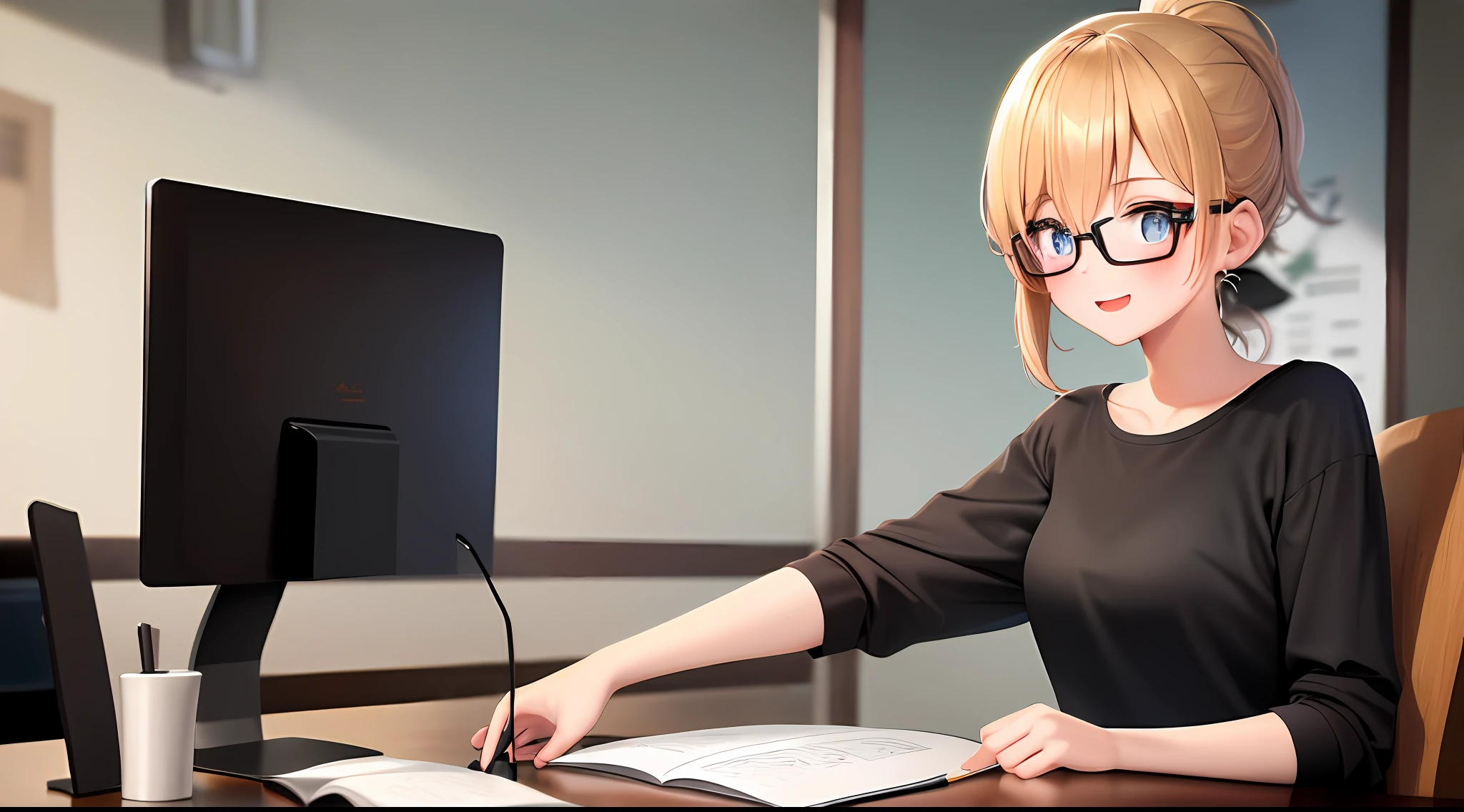 masterpiece, top-quality, hight resolution, a 1 girl, Loose white t-shirt、 Girl sitting on chair studying drafting at desk,、Beautie、Appeal、Frolic happily、30 year-old woman、Have good eyes、High Ponytail、Unclear、Beautiful fece、eye glasses