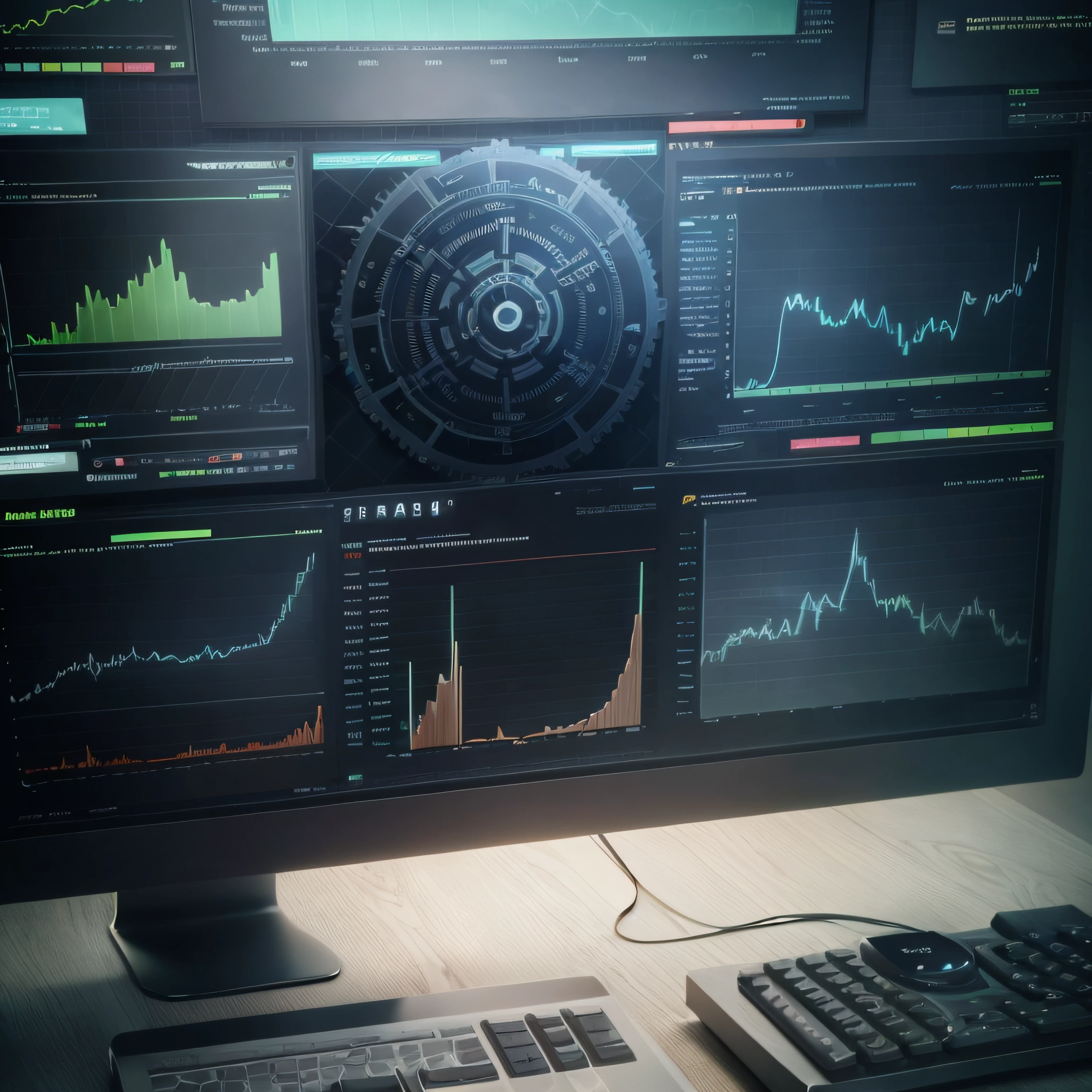 Make a realistic wallpaper involving gears, Graphs of financial assets and radii of electricity. Ultrarealista 3d --auto
