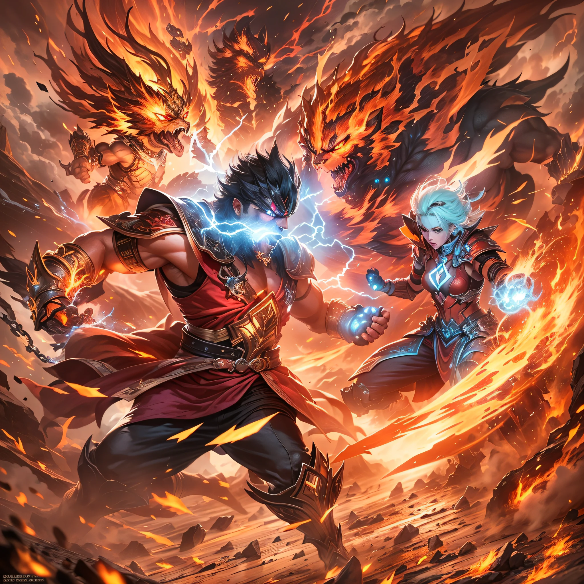 In this epic scene, Dois lutadores poderosos, Aiden e Hikari, Unleash your elemental fury on the arena. Aiden exerce o poder do fogo, enquanto Hikari exerce o poder do raio, creating an electrifying battle of immense proportions.