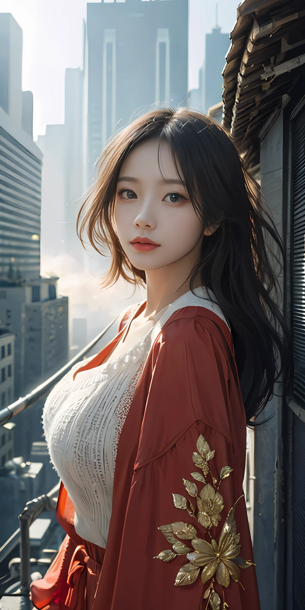 (1girll:1.3), 独奏, (((very vey very detailed face))),((very detailed eyes and faces))),beatiful detailed eyes,Body parts__,offcial art,Unified 8k wallpaper,ultra-detailliert,Beautiful and beautiful,big breasts beautiful,tmasterpiece,best qualtiy,primitive,tmasterpiece,ultra fine photos,best qualtiy,超高分辨率,photorealistic realism,rays of sunshine,full-body portraits,stunningly beautiful,,dynamicposes,delicated face,Bigchest,Vibrant eyes,(From the front side), Very detailed city roof background, Roof,looking over city,详细的脸,detailed complex busy background,Untidy,opulent,milkyW,highly detailedskin,Realistic details of skin,Visible pores,Clear focus,volume fog,8K UHD,digital SLR camera,high qulity,filmgrain,White skin of the,photo-realism,DL,A huge metropolis of the dystopia of the future, Translucent,Red clothes